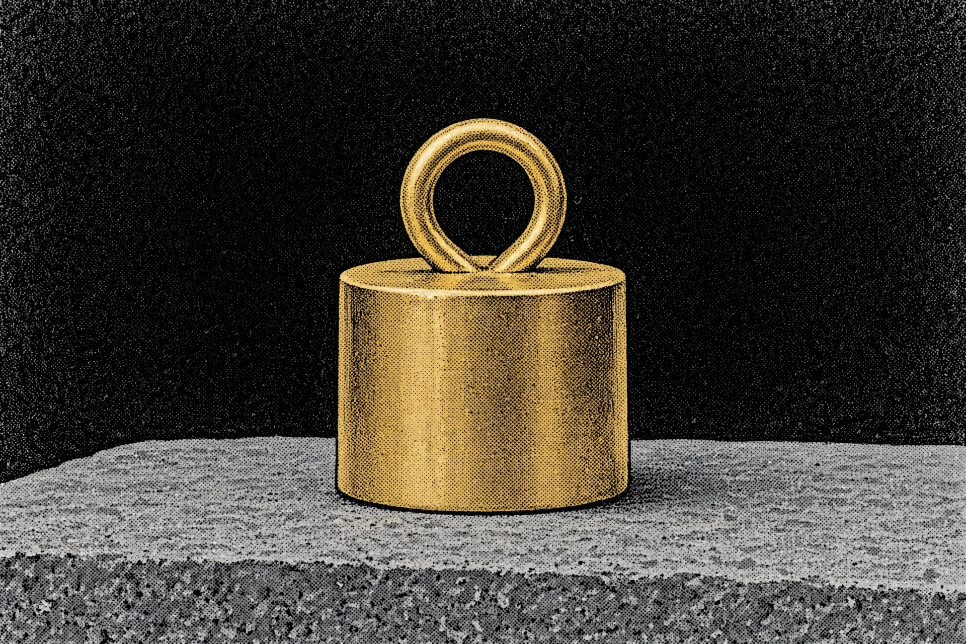 A print of a golden cylindrical weight with a loop on top sits on a gray surface.