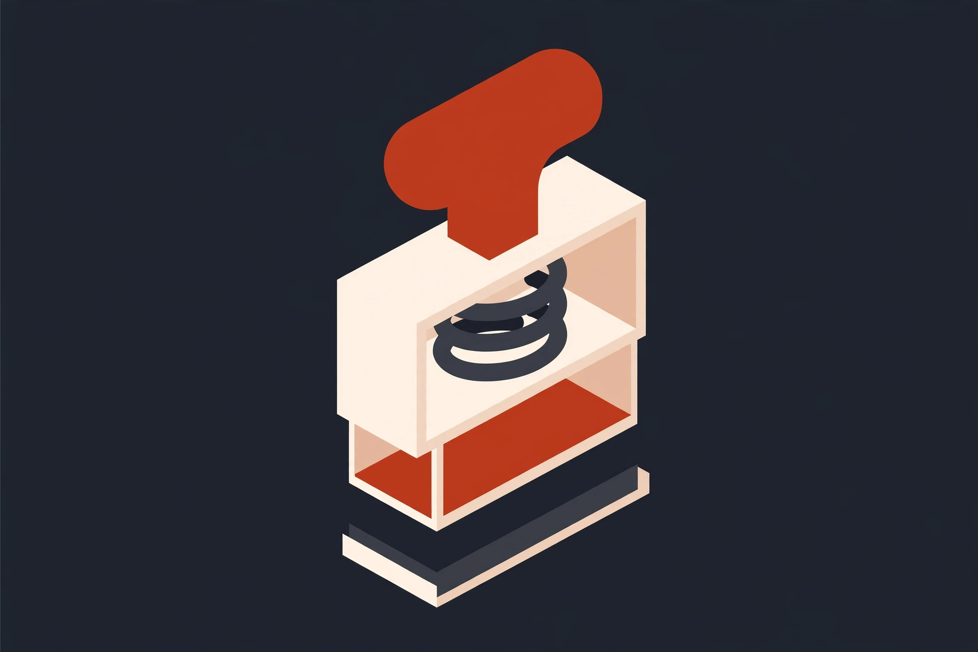 A drawing of a rubber stamp with a red handle, beige body, and a visible spring.