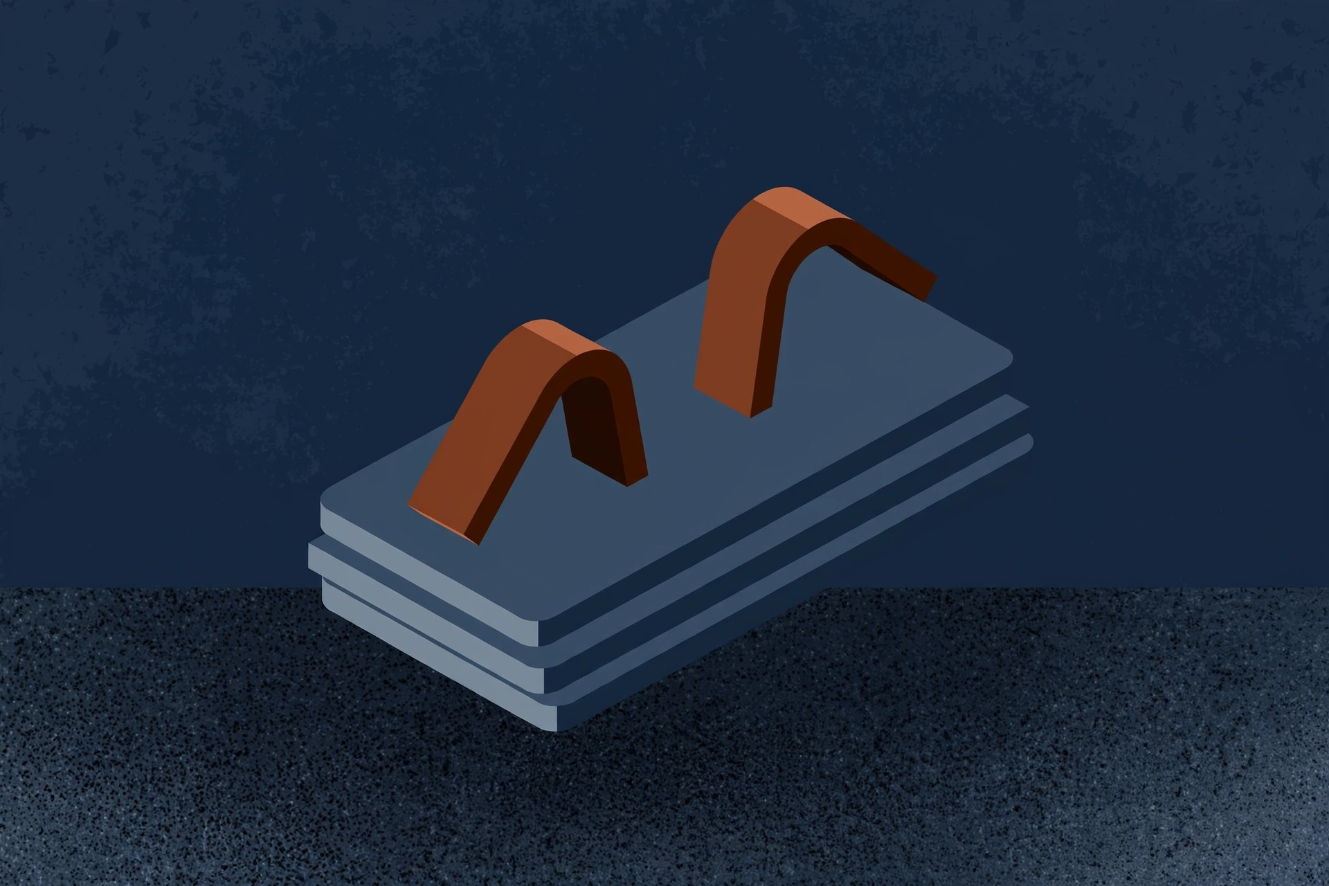A digital drawing of stacked blue rectangles with two brown arches on top.