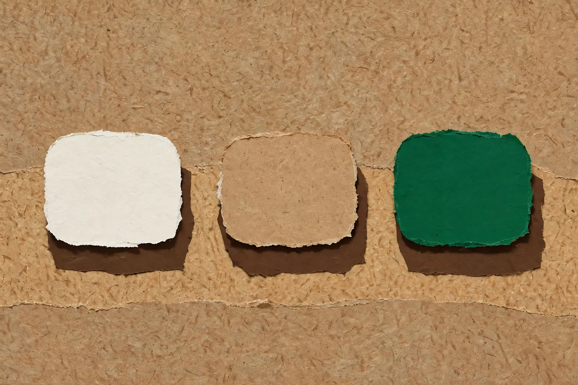 A collage of three torn paper squares arranged horizontally against a textured background.