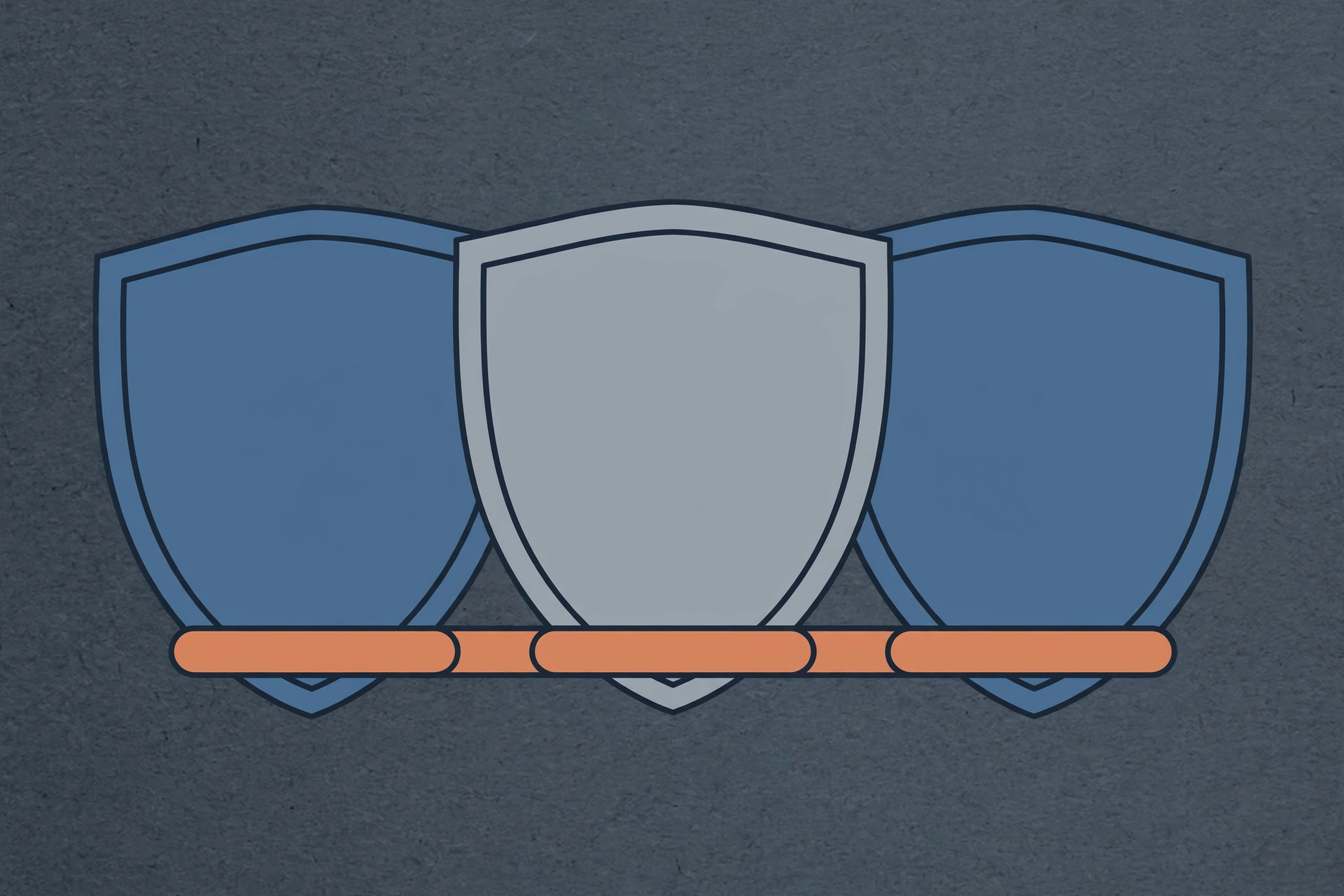 A digital illustration depicts three shields, with a grey shield in the center flanked by two blue shields.