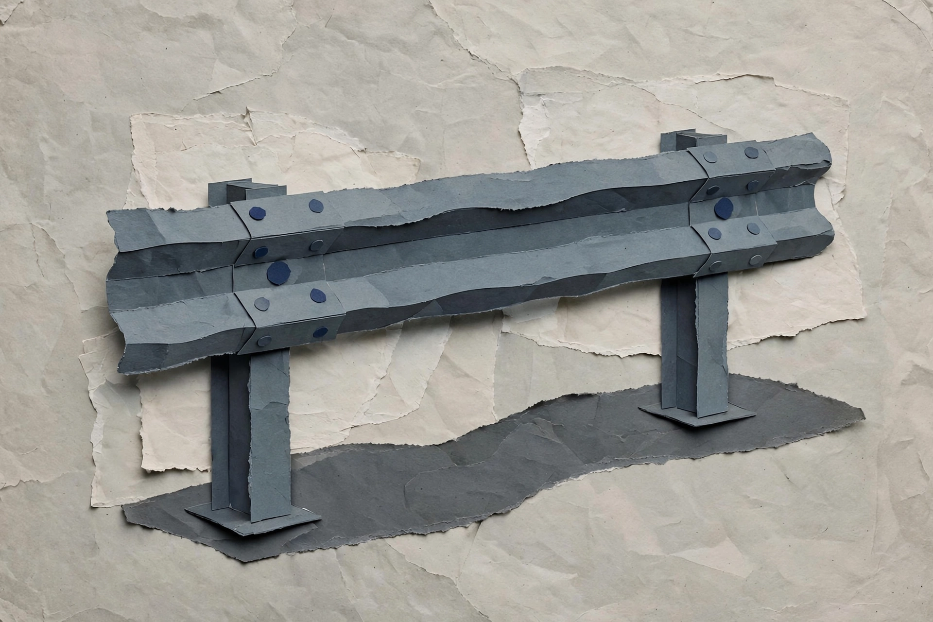 A paper collage of a grey metal guardrail supported by two posts.