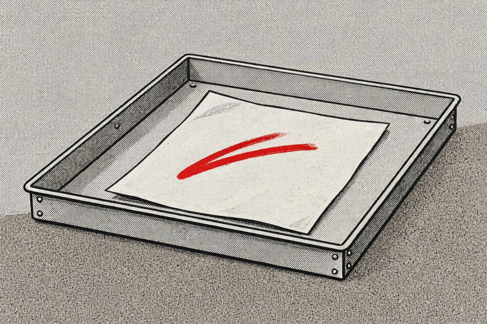 A drawing shows a white paper with a red check mark on it sitting in a metal tray.