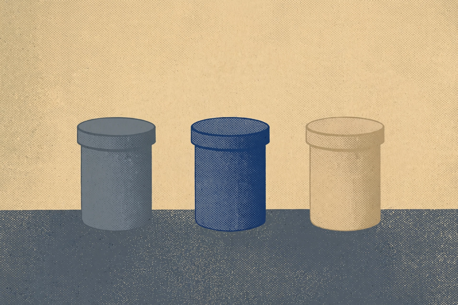 a drawing of three cylindrical containers standing in a row.