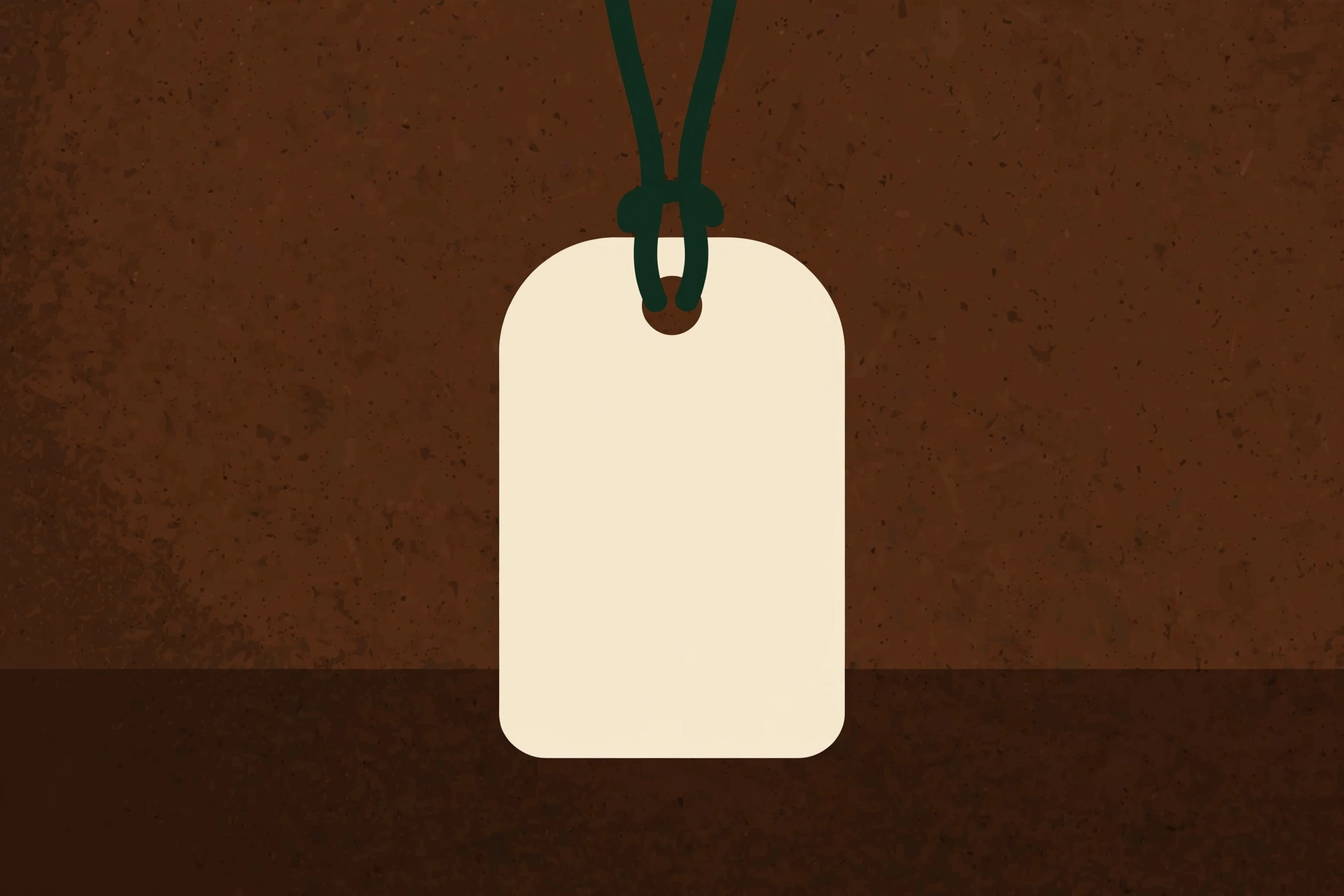 A drawing of a blank, off-white tag hanging from a dark green cord against a textured brown background.