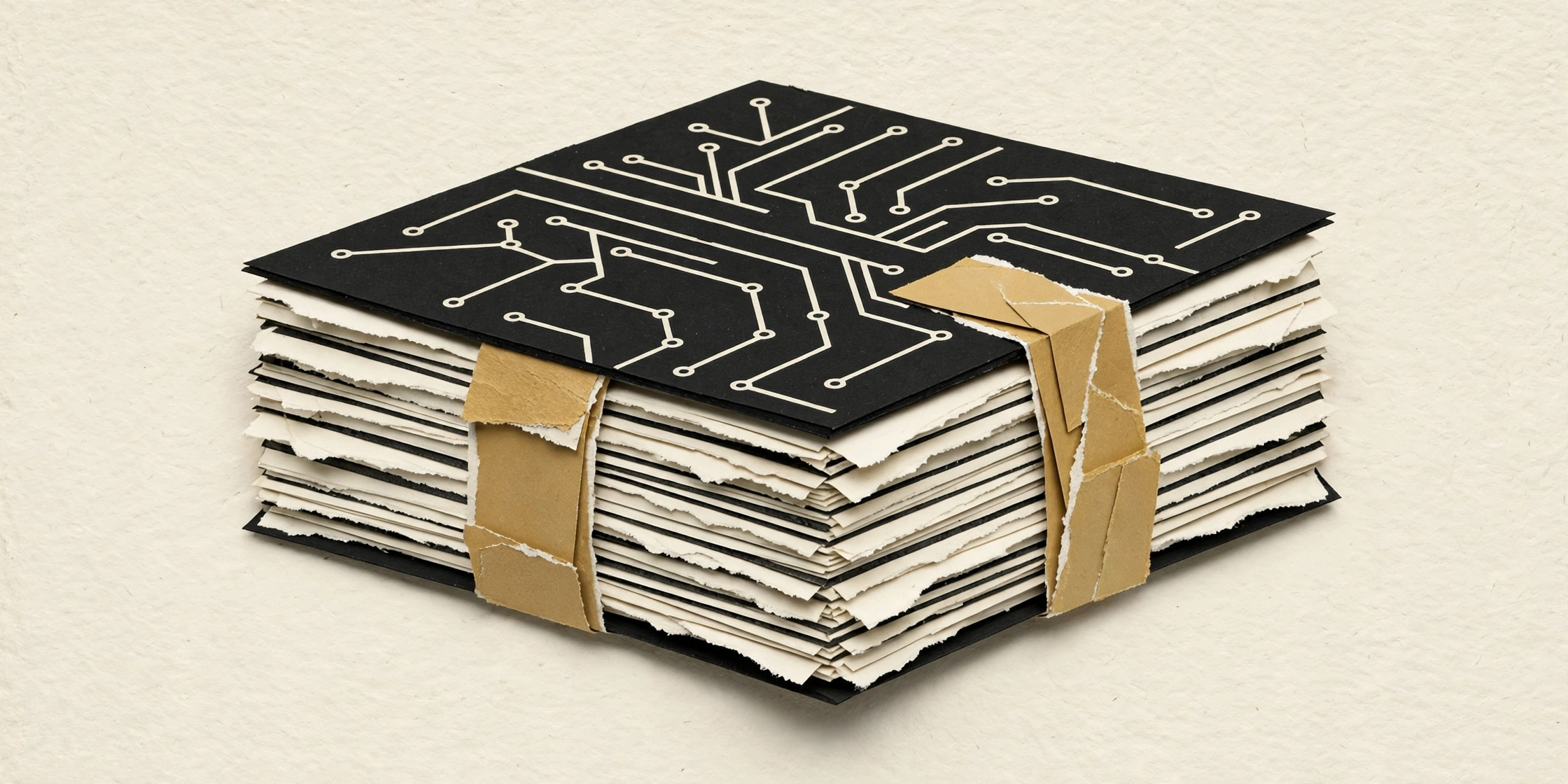 A collage depicts a stack of torn paper pages bound by torn brown paper strips, with a black cover showing a white circuit board pattern.