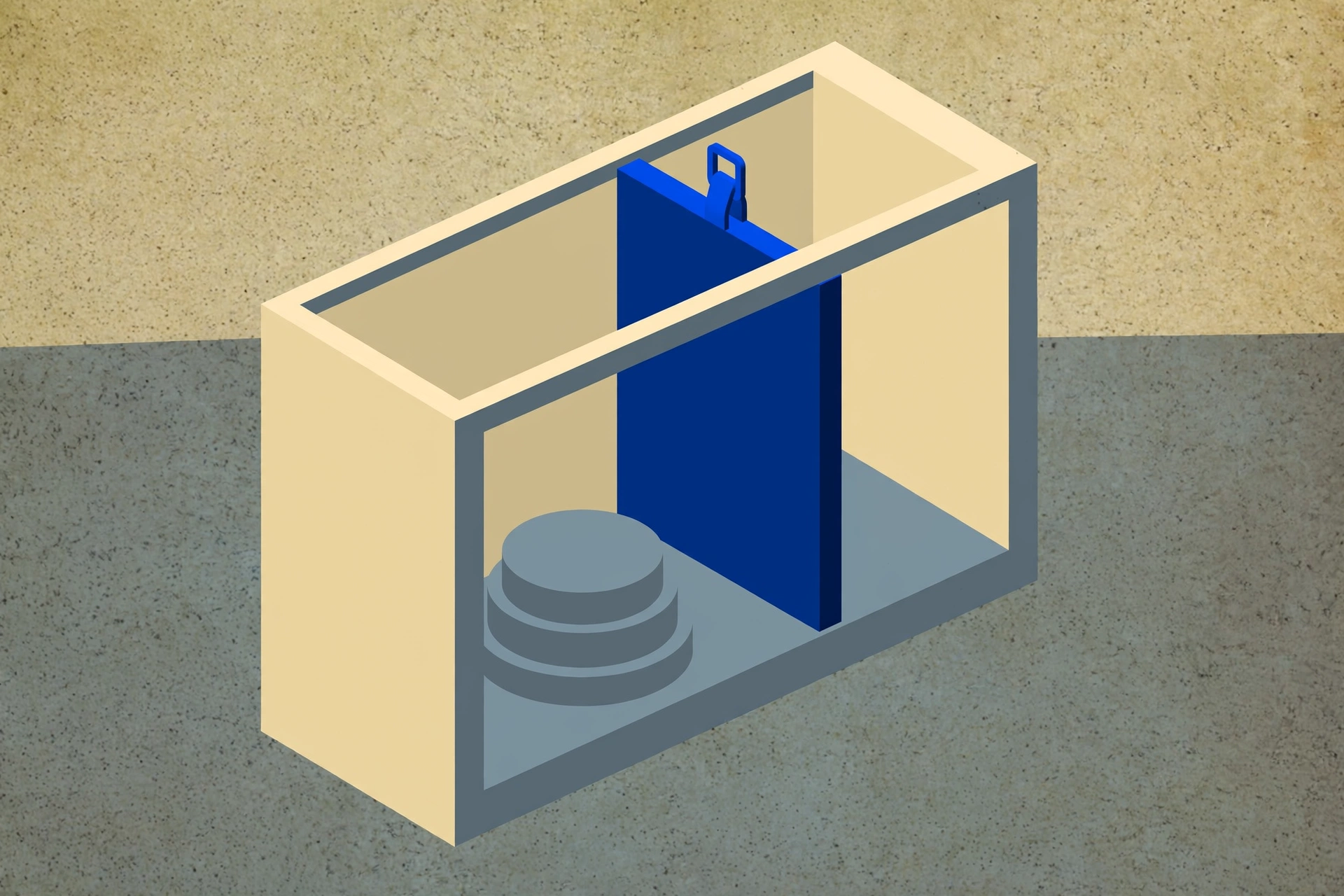 A digital illustration shows an isometric view of a simplified, open box with a blue partition inside.