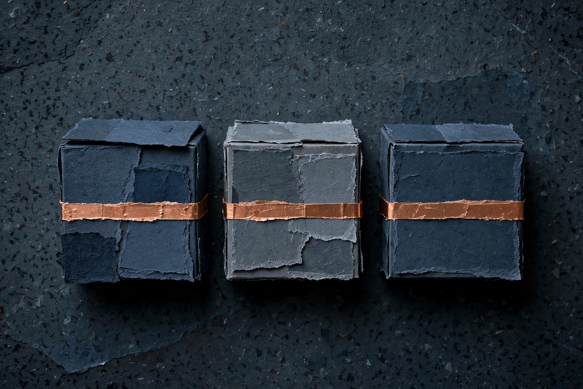 A photograph shows three small, dark blue, paper-covered boxes tied with a copper ribbon.