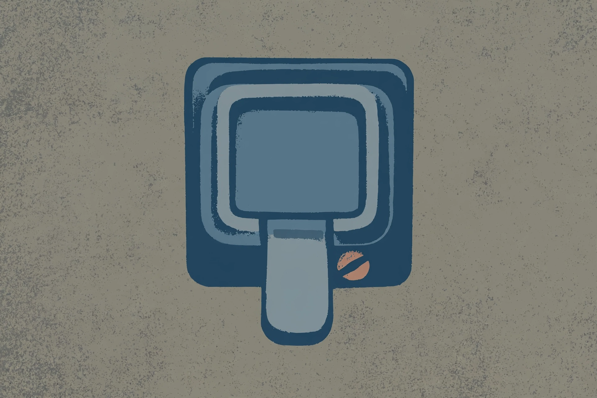 A drawing of a blue, rectangular object with concentric blue rings and a protruding tab, set against a grey, textured background.