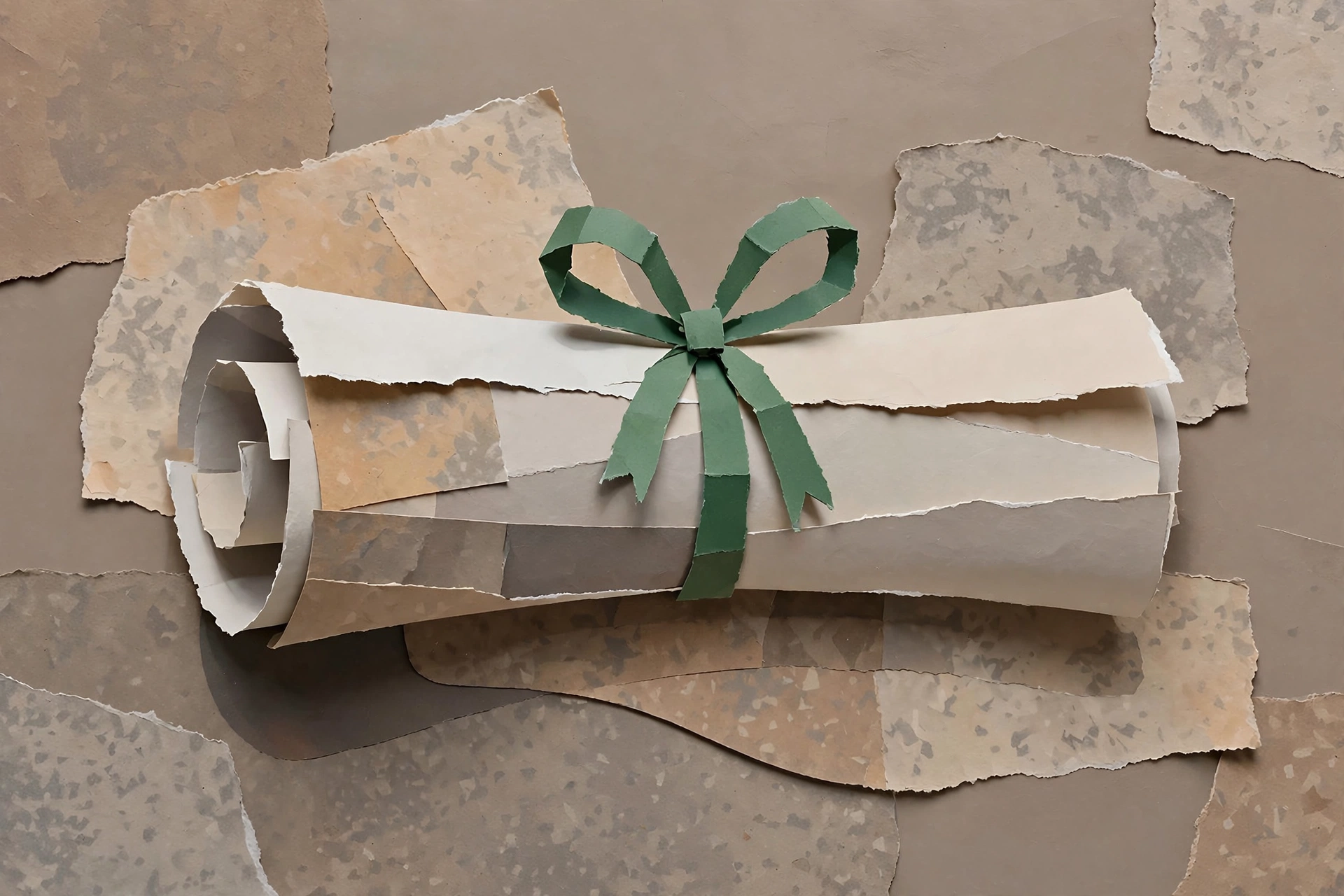 A collage of torn paper layers, including a rolled scroll tied with a green paper bow.