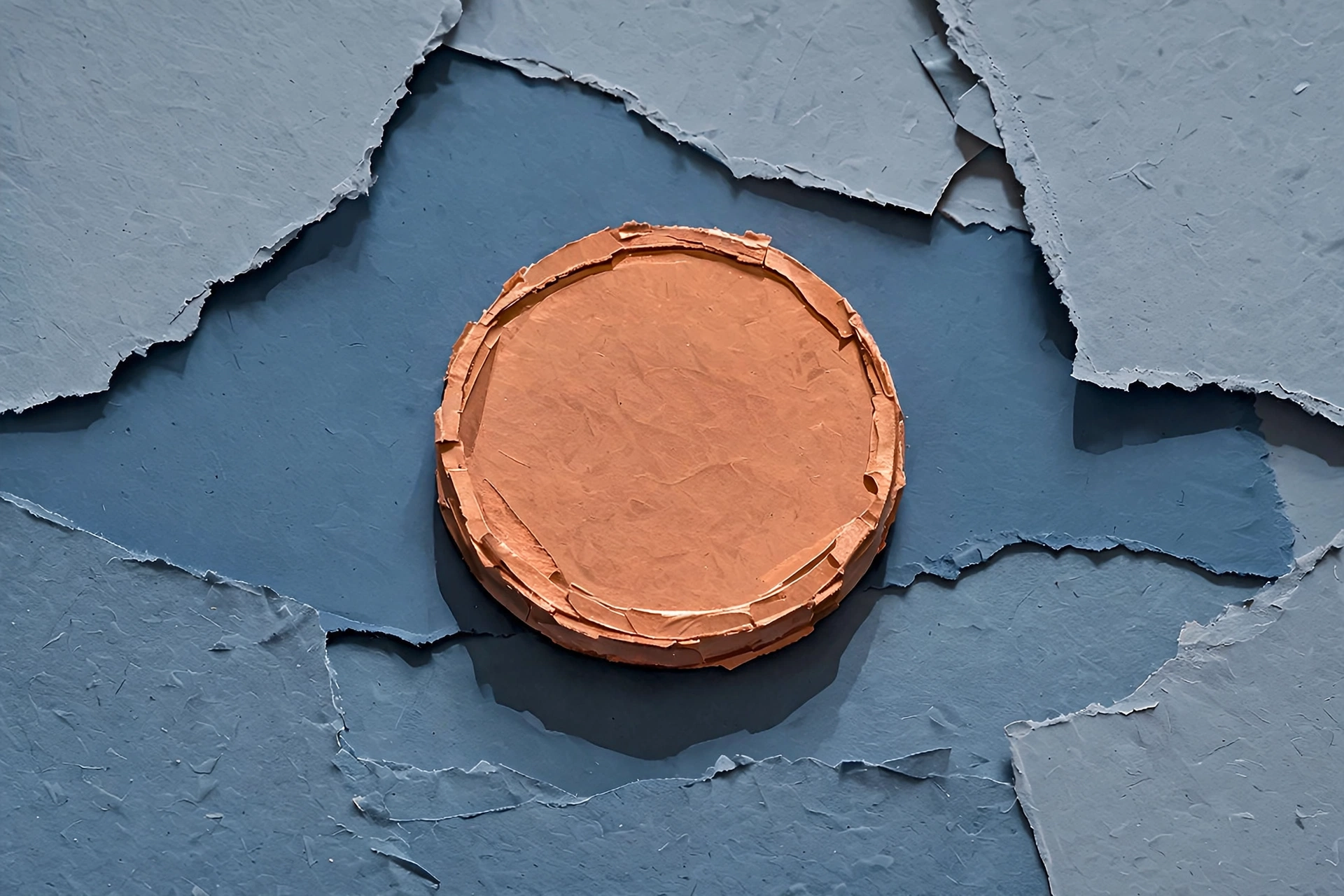 A photograph of a stacked, circular object on a textured surface with torn paper-like elements.