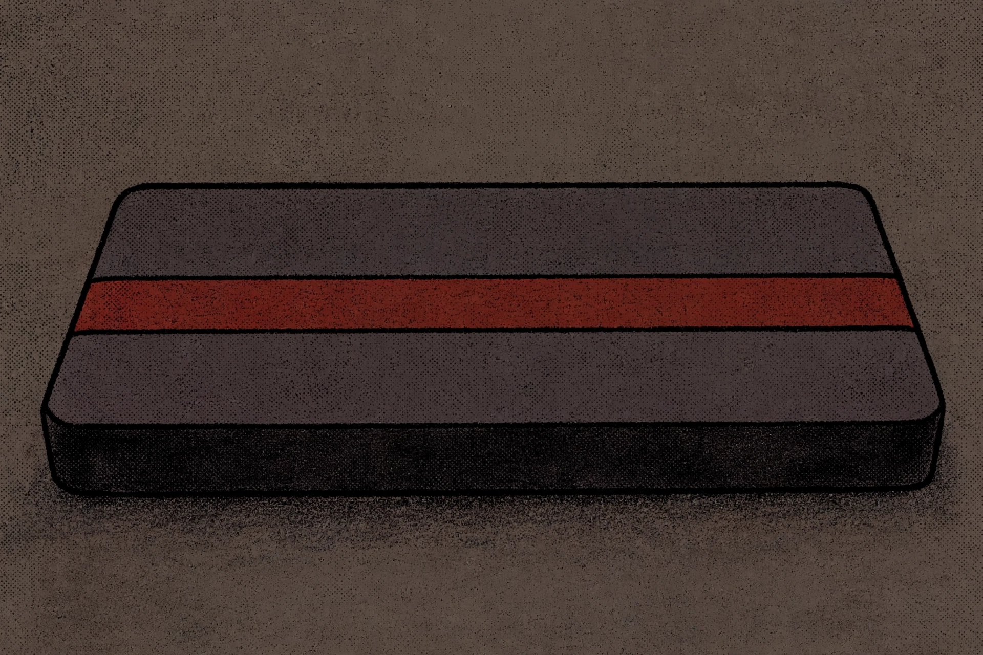 A drawing of a dark rectangular object with a red stripe across its middle.