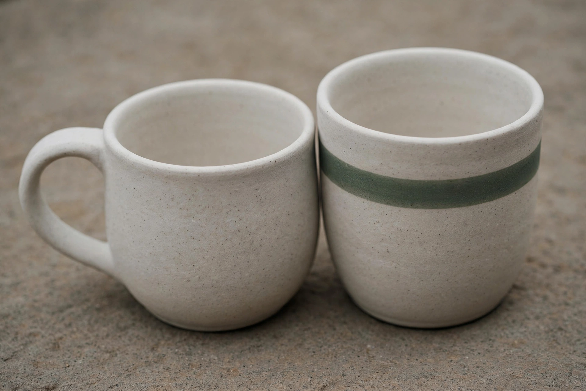 A photograph of two ceramic mugs on a textured surface.