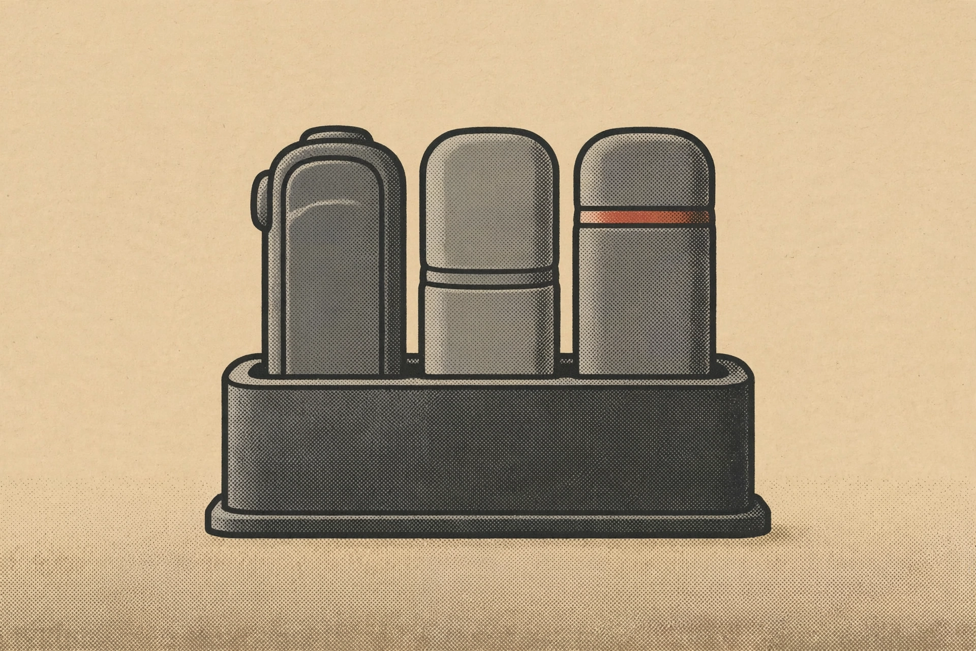 A drawing of three grey cylindrical objects in a dark grey holder.