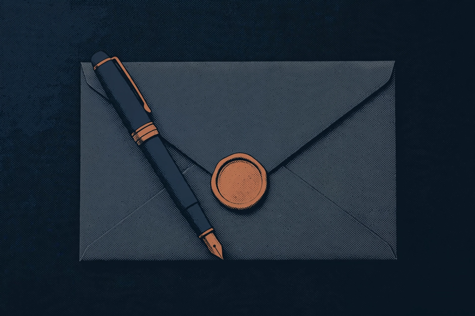 A drawing of a dark blue envelope sealed with an orange wax seal and a dark blue and orange fountain pen resting on top.
