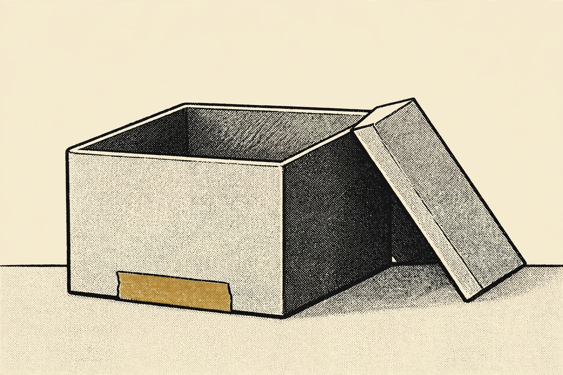 A drawing of an open cardboard box with the lid ajar and a piece of tape on its side.