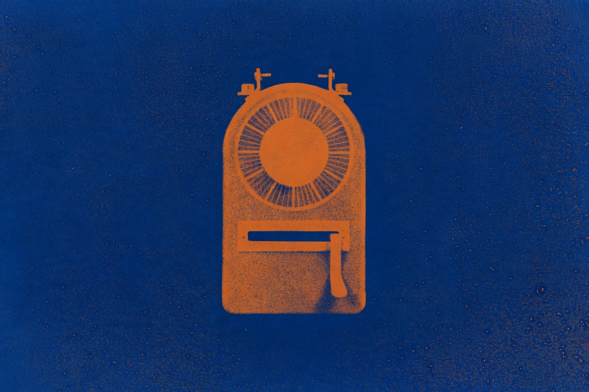 A photograph of an orange stylized old-fashioned device on a dark blue speckled background.