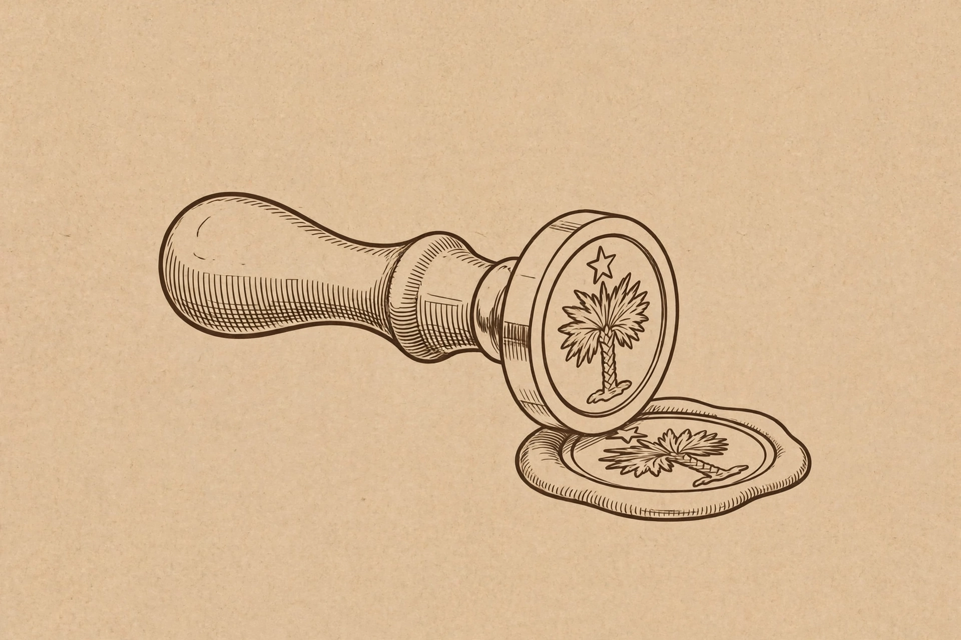 A drawing of a stamp and wax seal with a palm tree design.