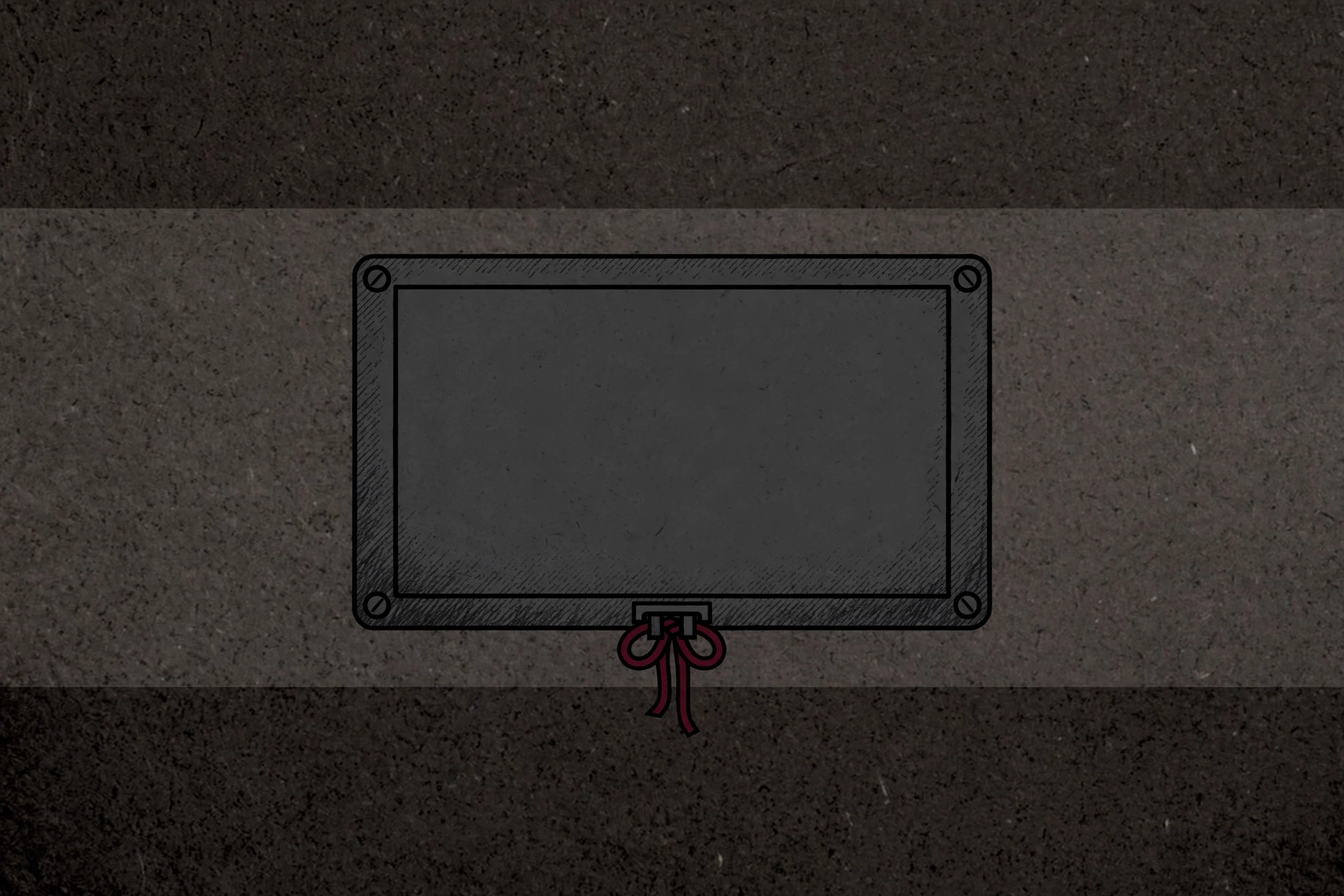 A drawing of an empty, dark rectangular plaque with a bow attached.