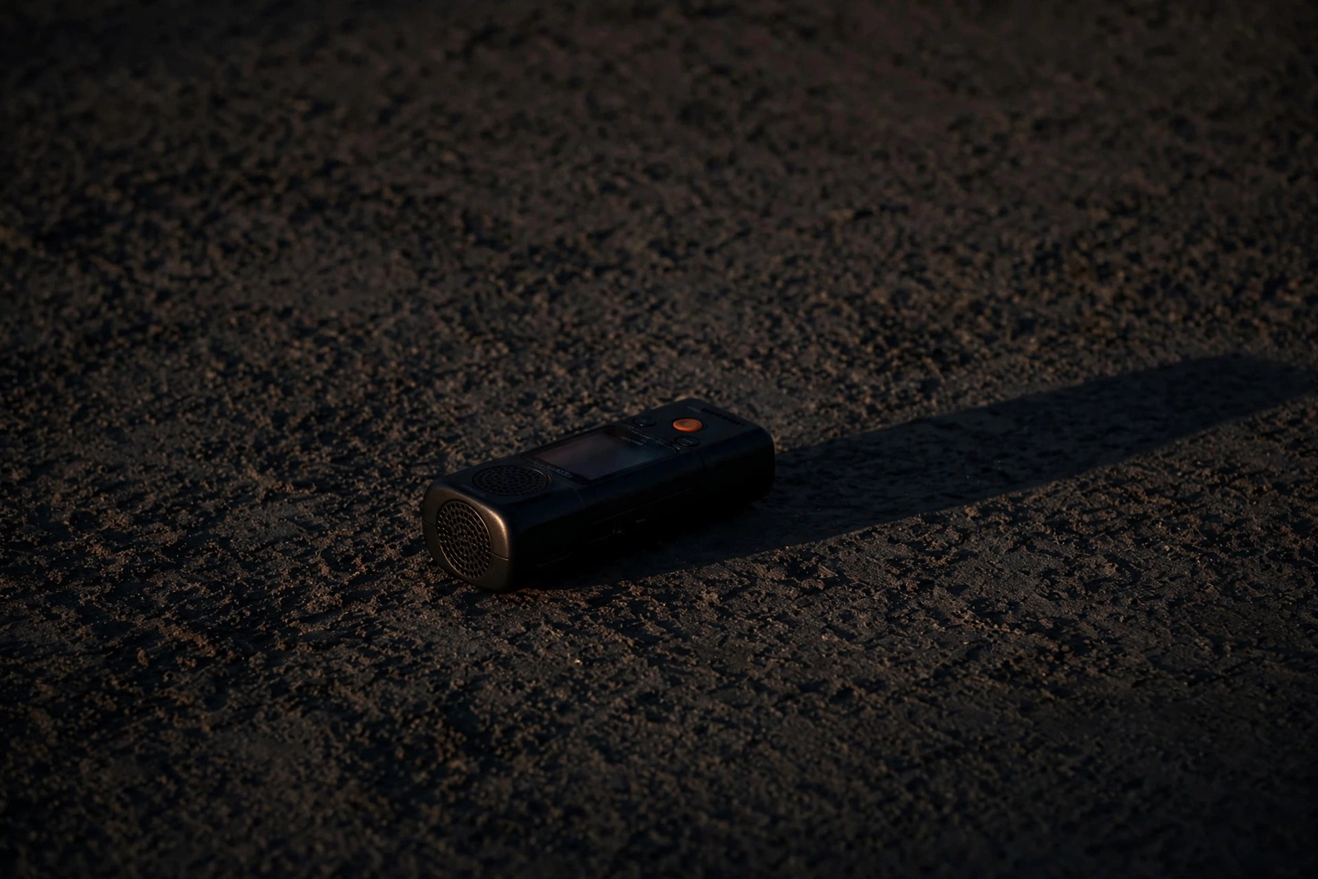 A black handheld audio recorder lies on dark, textured ground.