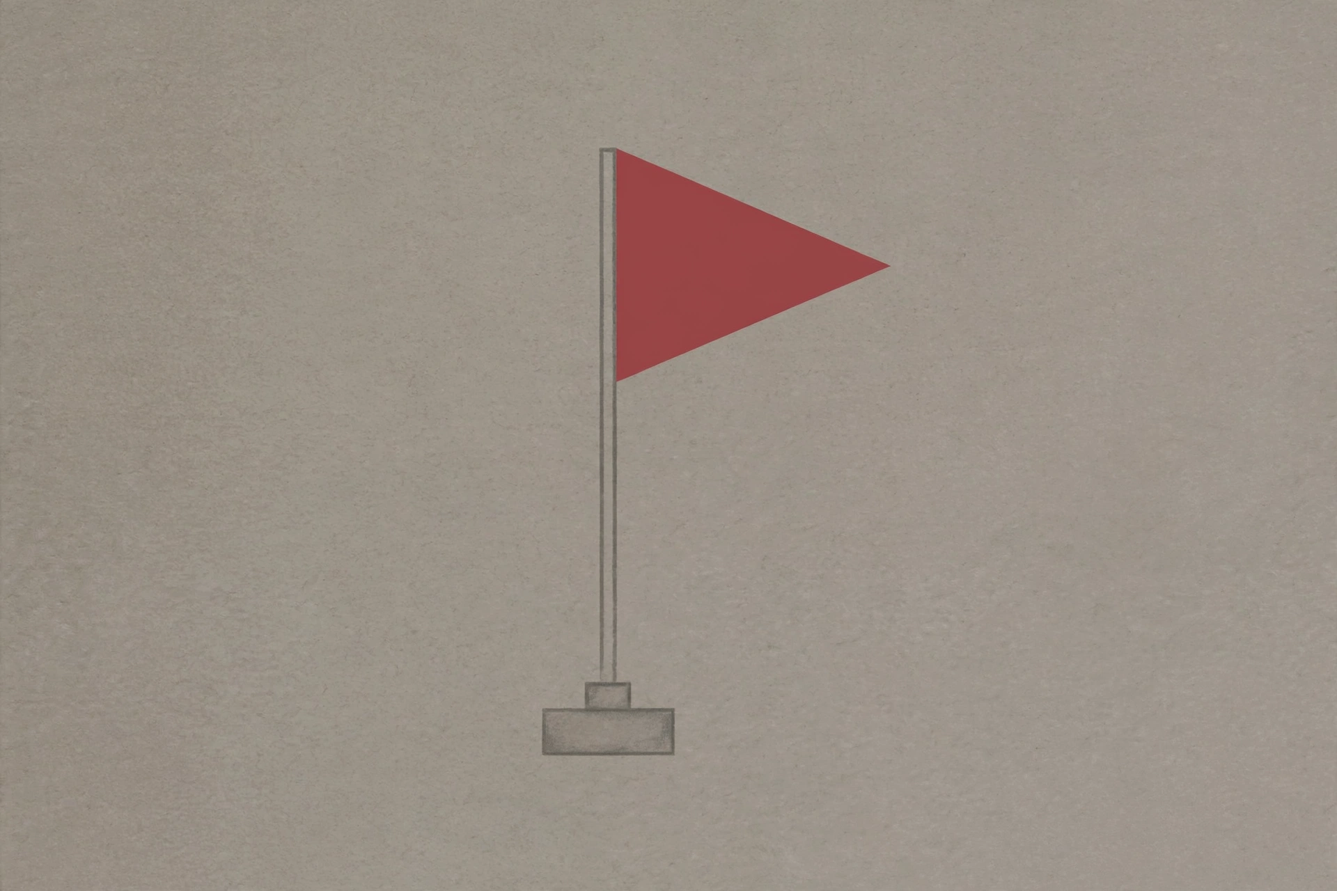 A drawing of a red triangular flag on a grey pole with a grey base against a grey background.