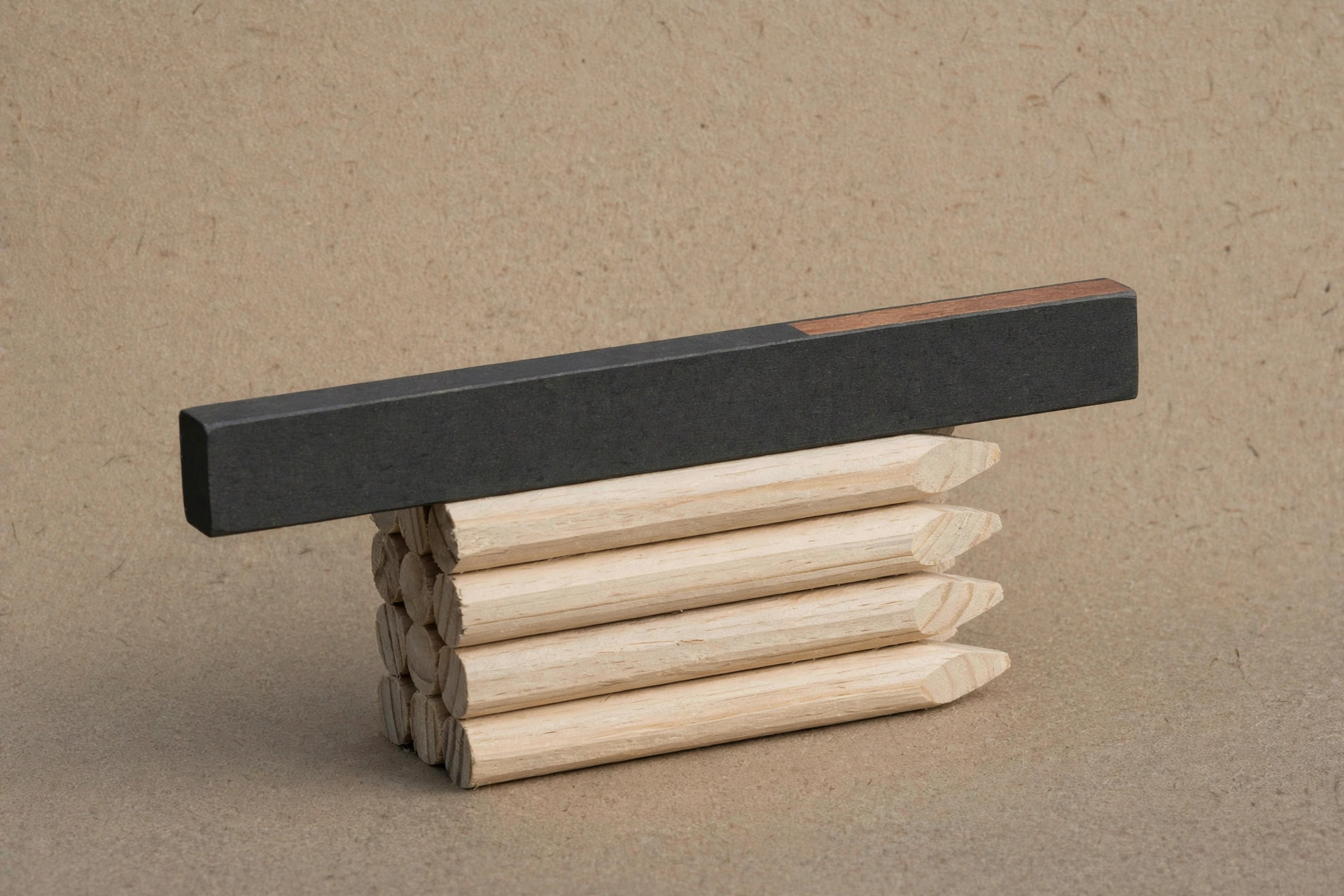 A photograph shows a dark rectangular object resting on a stack of pointed wooden dowels.