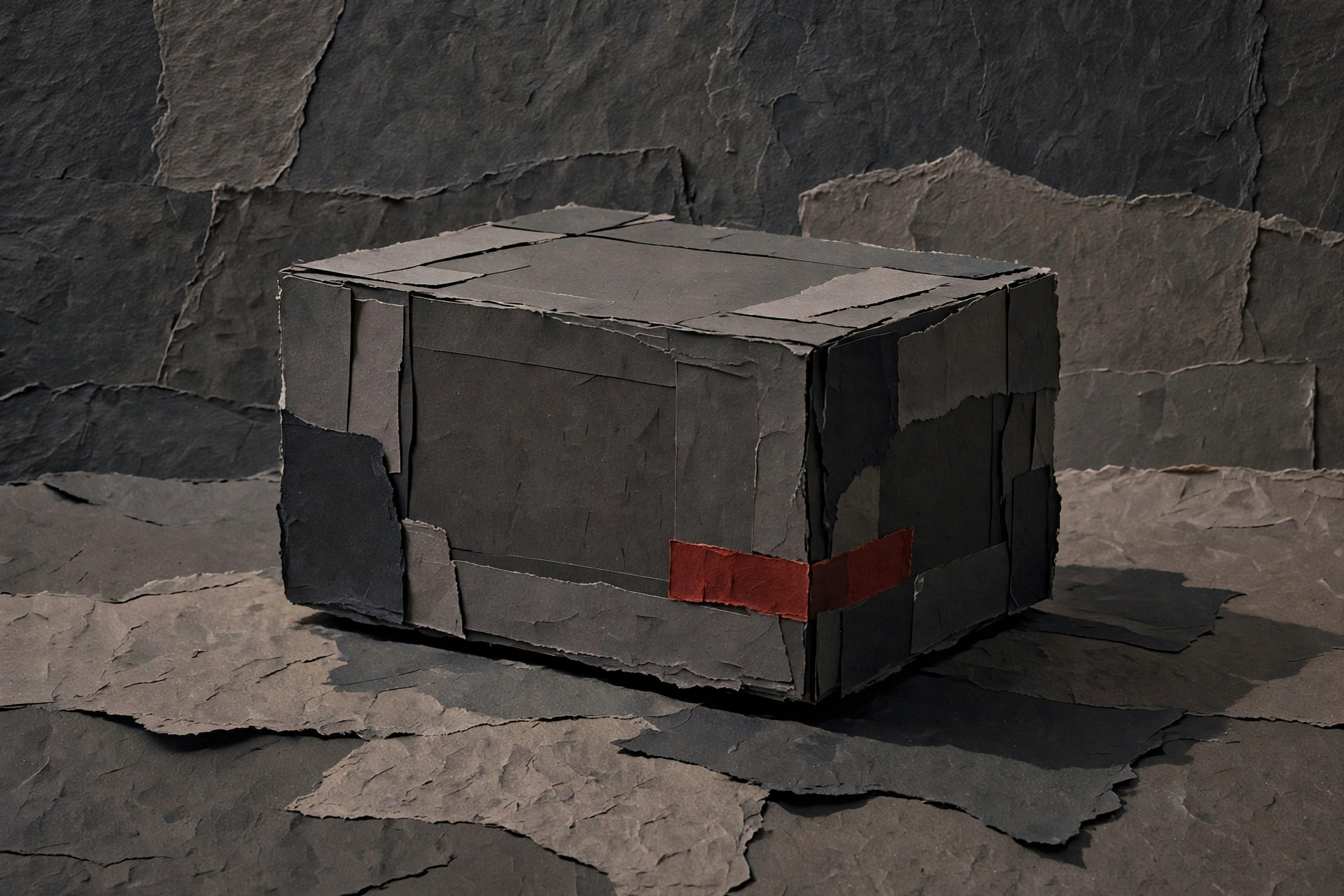 A photograph of a dark gray, paper-constructed box sitting on a surface made of layered gray paper.