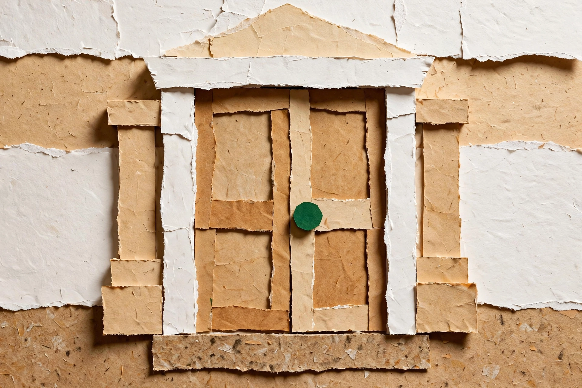 A collage of torn paper creates a facade of a building with columns and a door.