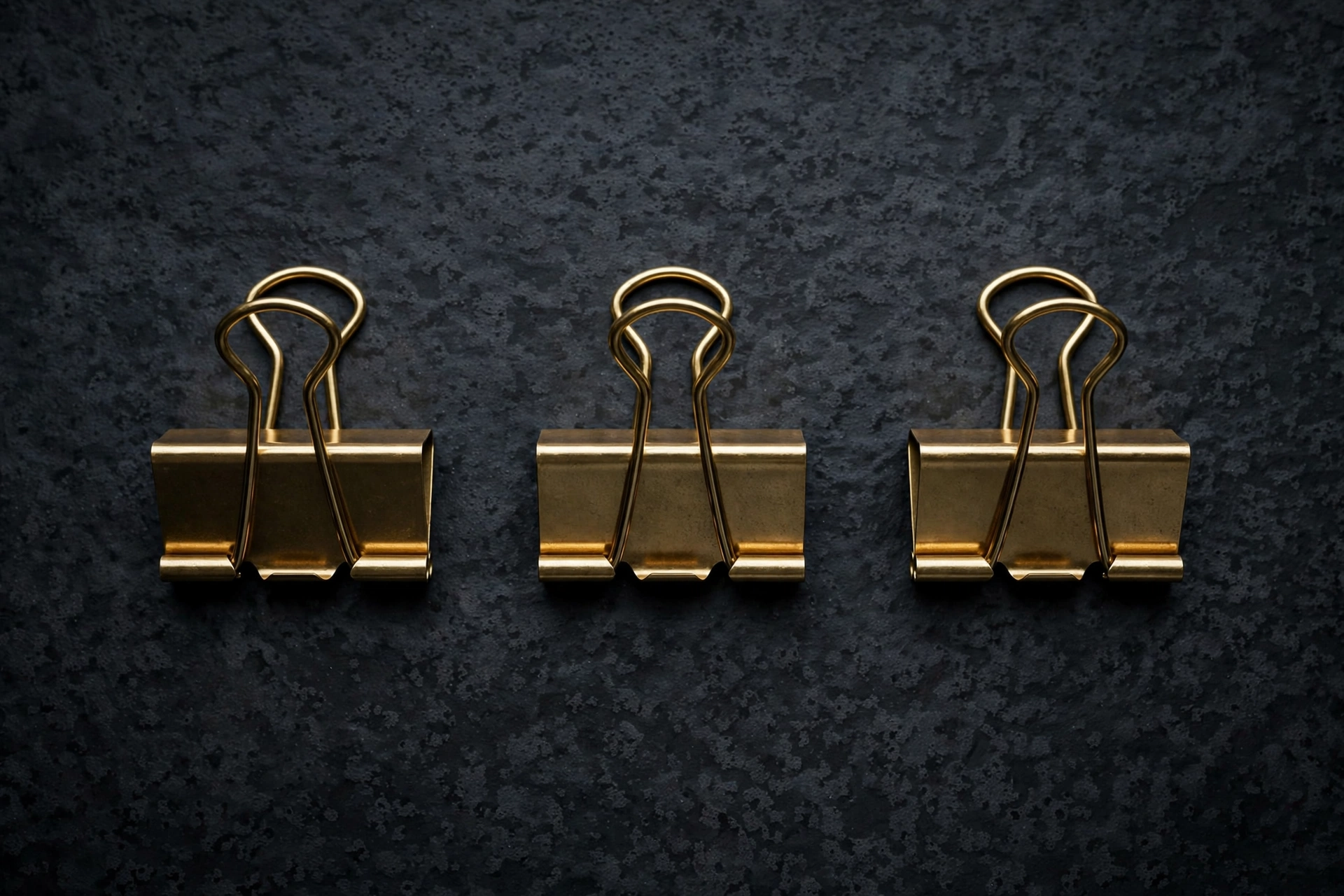 A photograph of three gold binder clips arranged in a horizontal line against a dark, textured background.