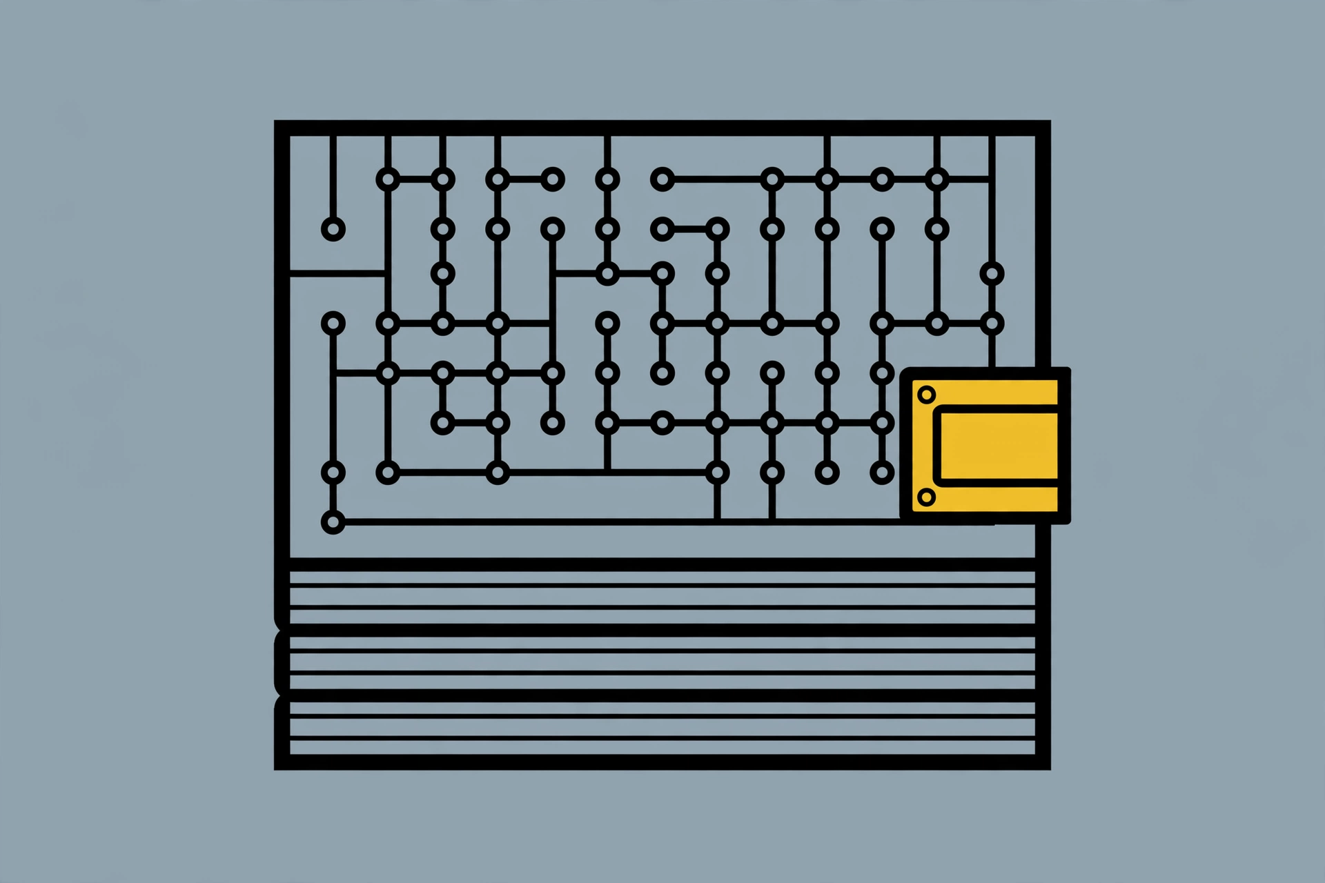 A drawing of a circuit board with a yellow component.