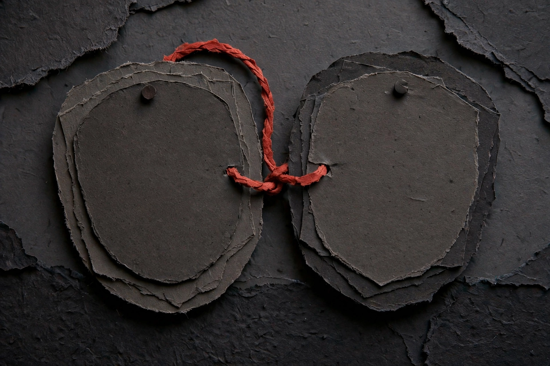 A photograph shows two stacks of dark, torn paper, each held together by a pin and connected by a red string.