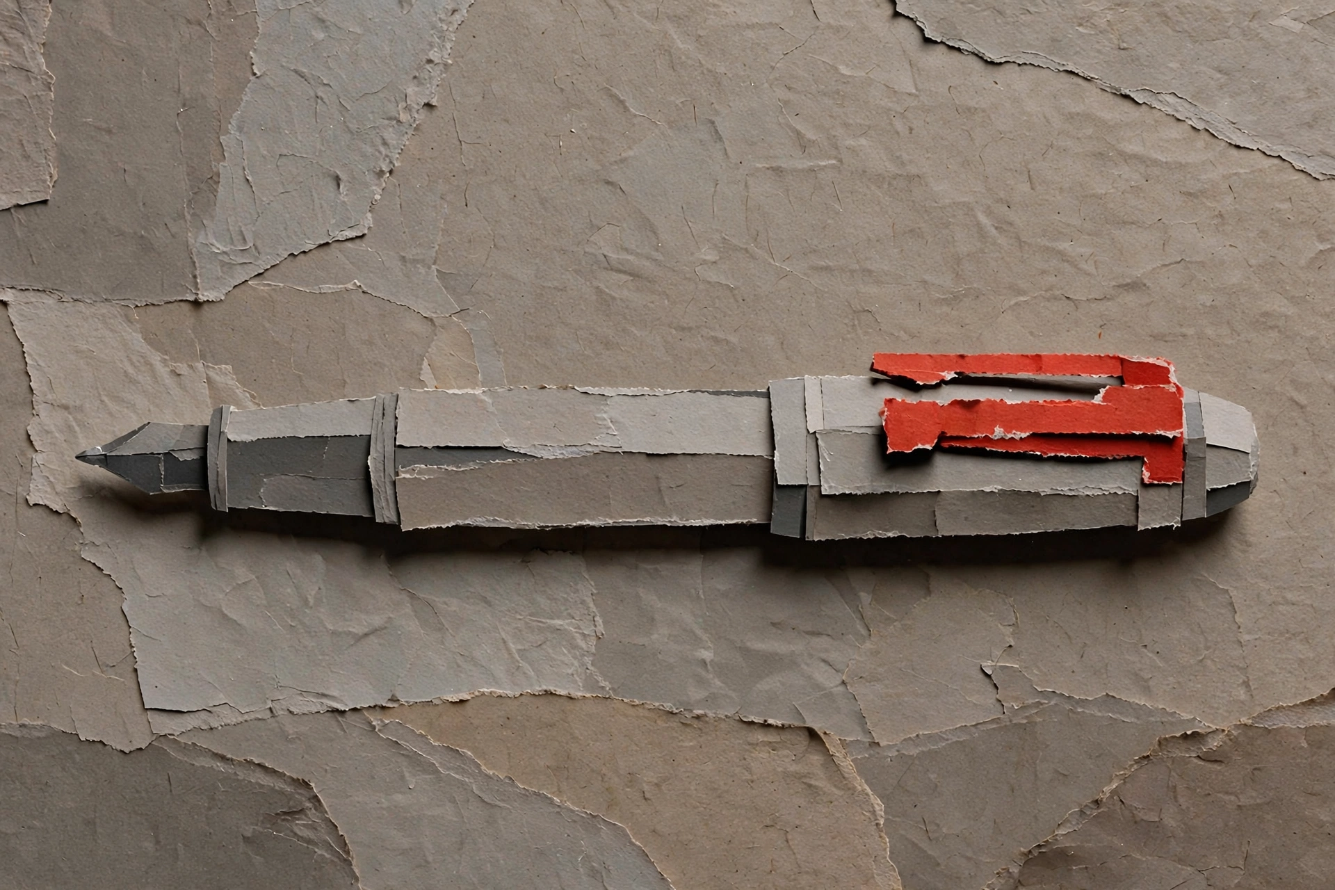 A photograph of a pen constructed from layered paper against a background of torn paper.