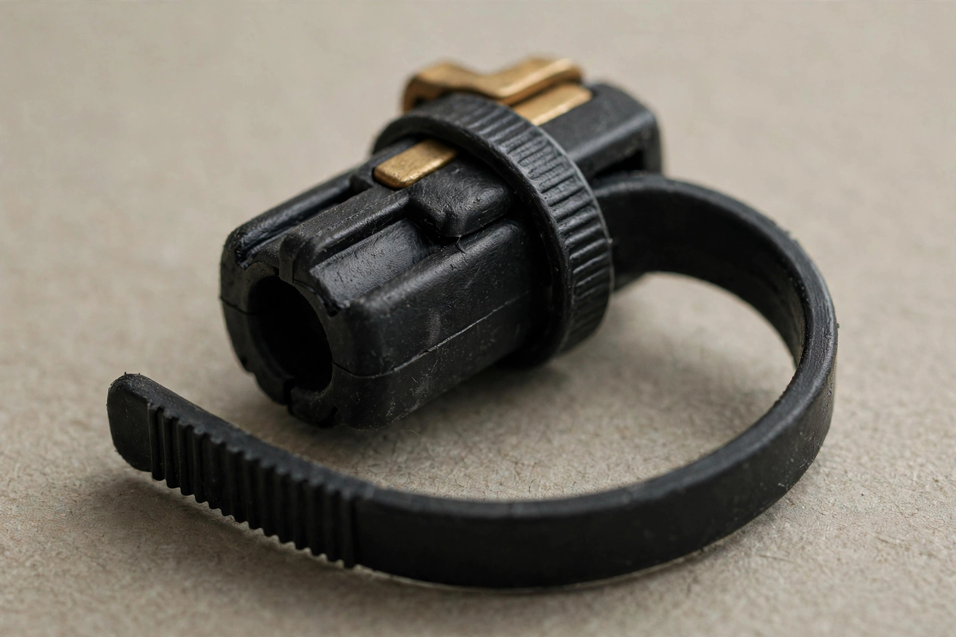 A photograph of a black plastic device with a strap attached to it.