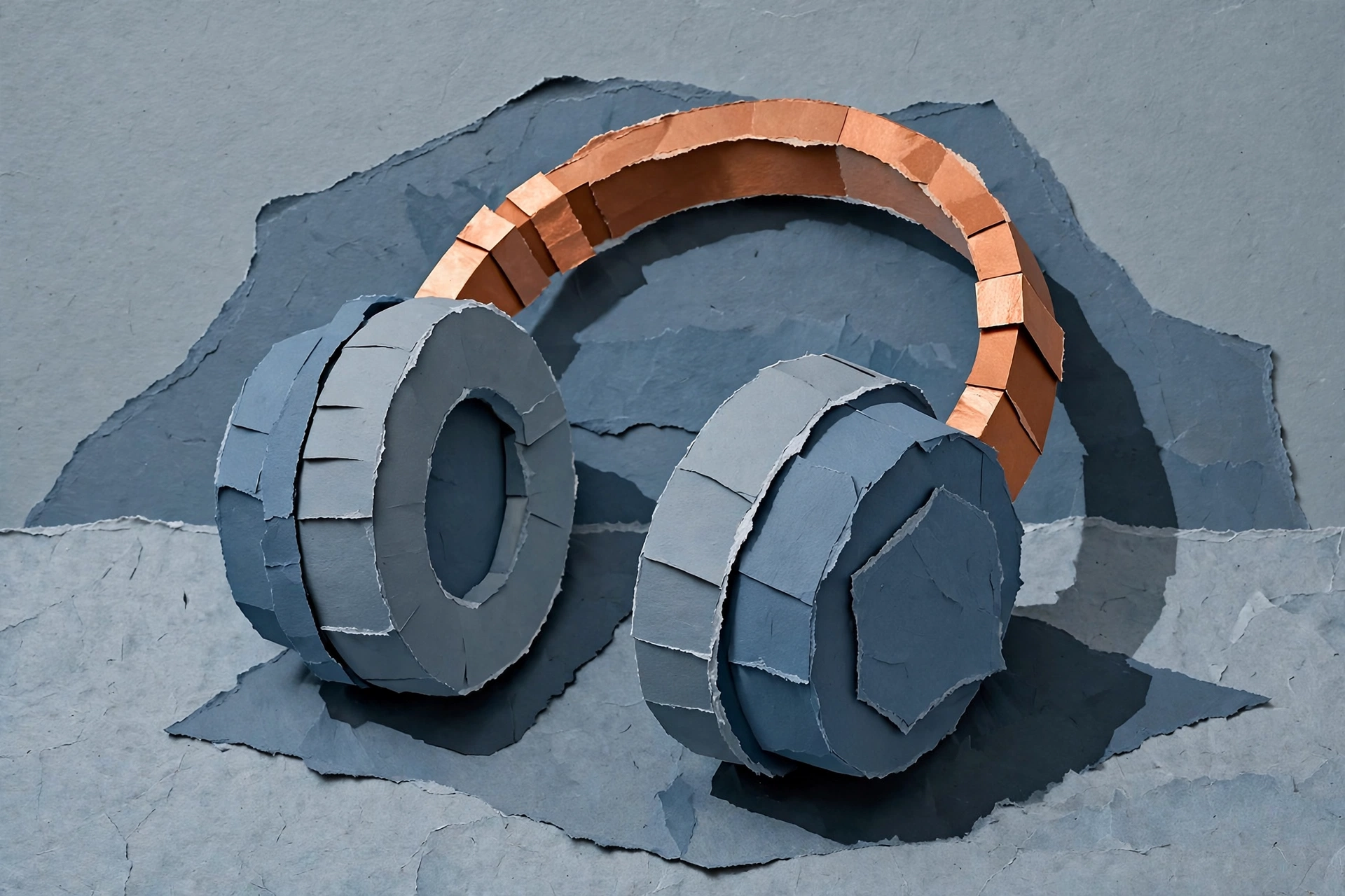 A photograph of a papercraft sculpture of headphones.