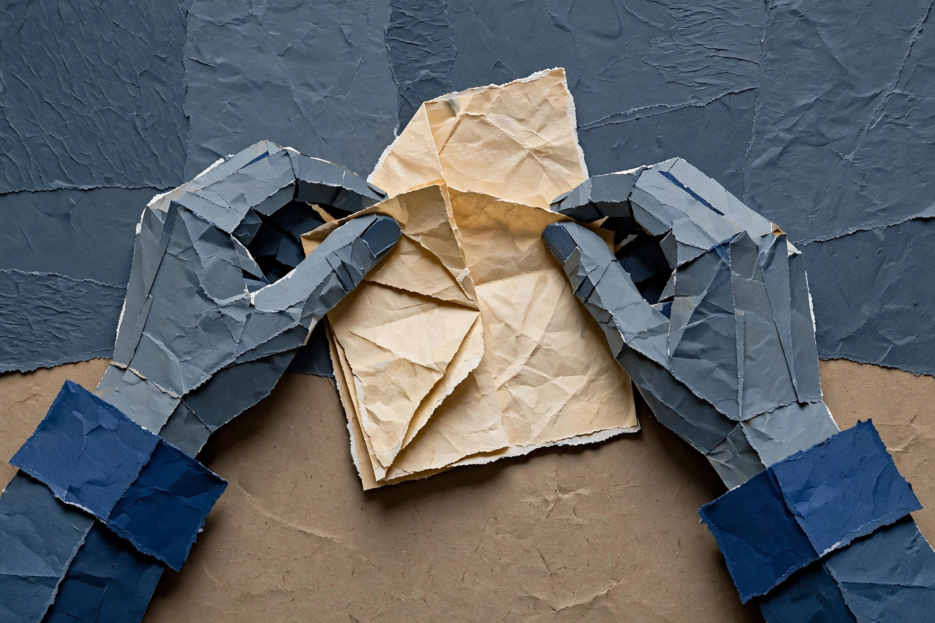 A photograph of two paper robot hands holding crumpled paper.