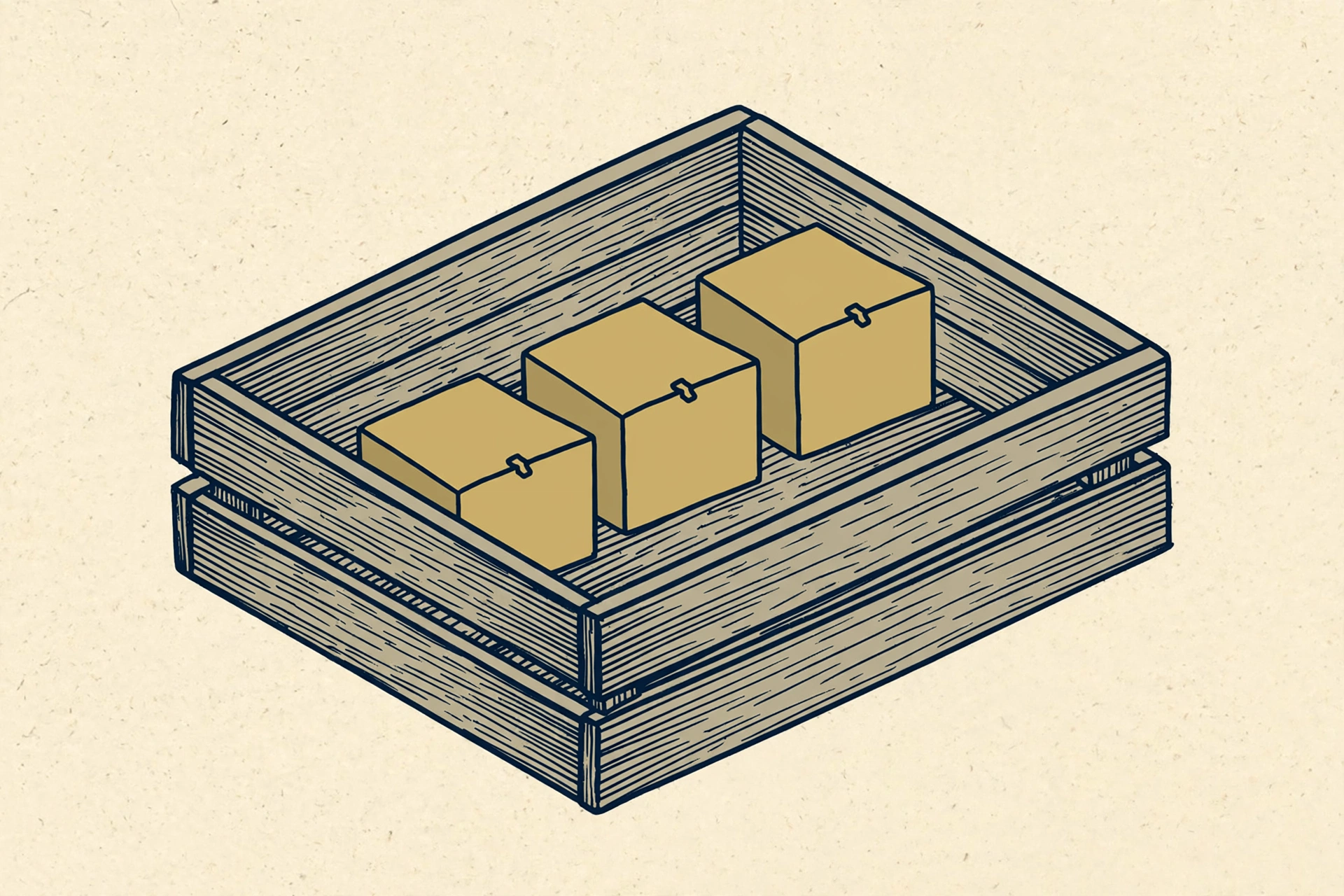 A drawing of a wooden crate with three cardboard boxes inside.