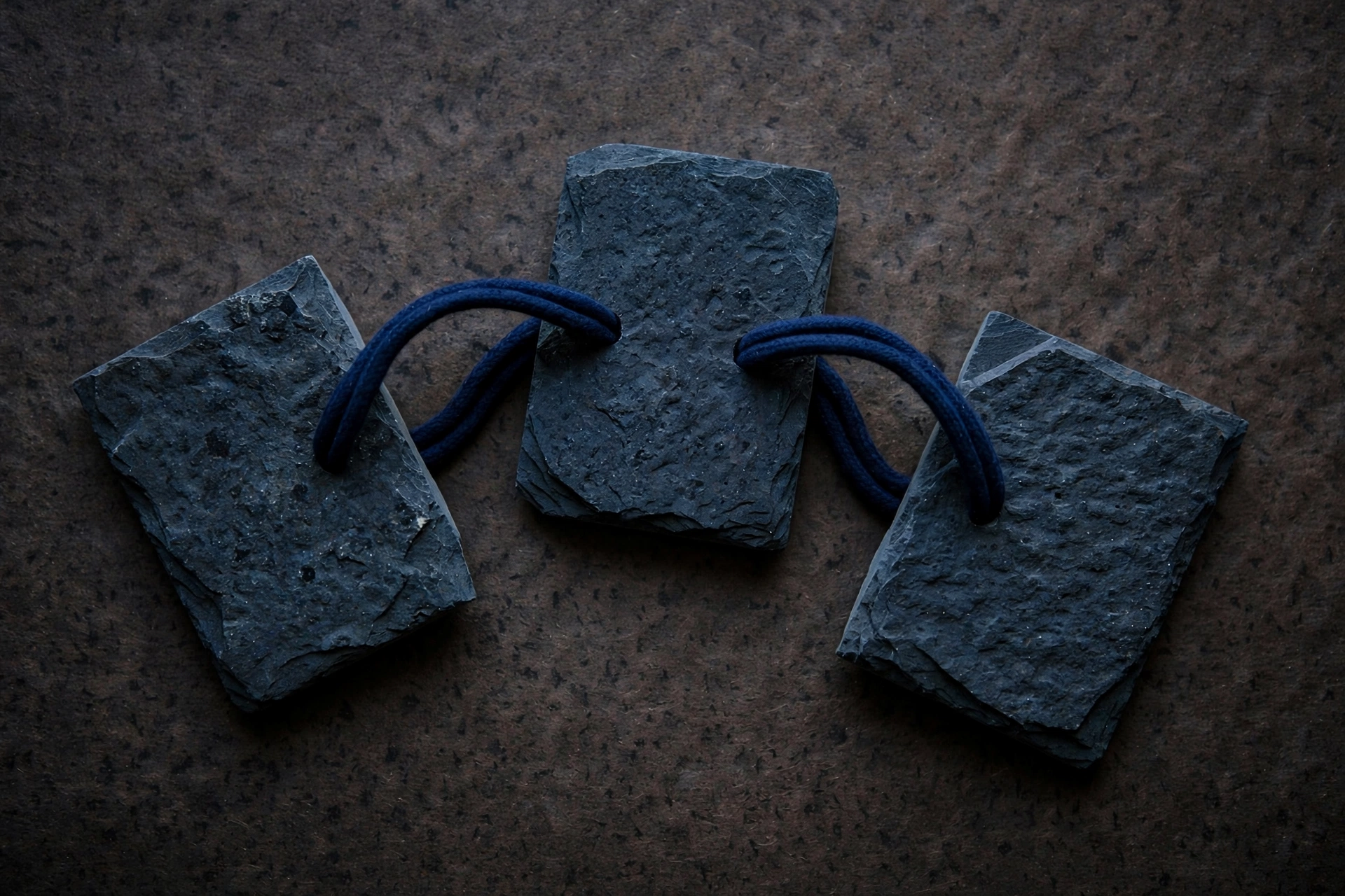 A photograph shows three pieces of dark grey slate connected by navy blue cord.