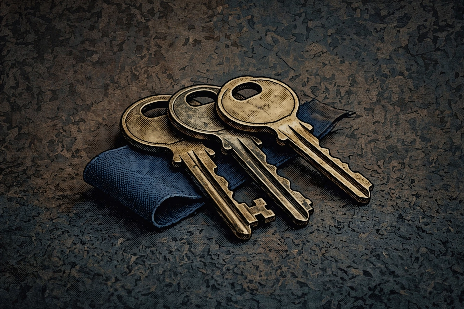A drawing of three brass keys resting on a folded blue cloth on a textured dark surface.