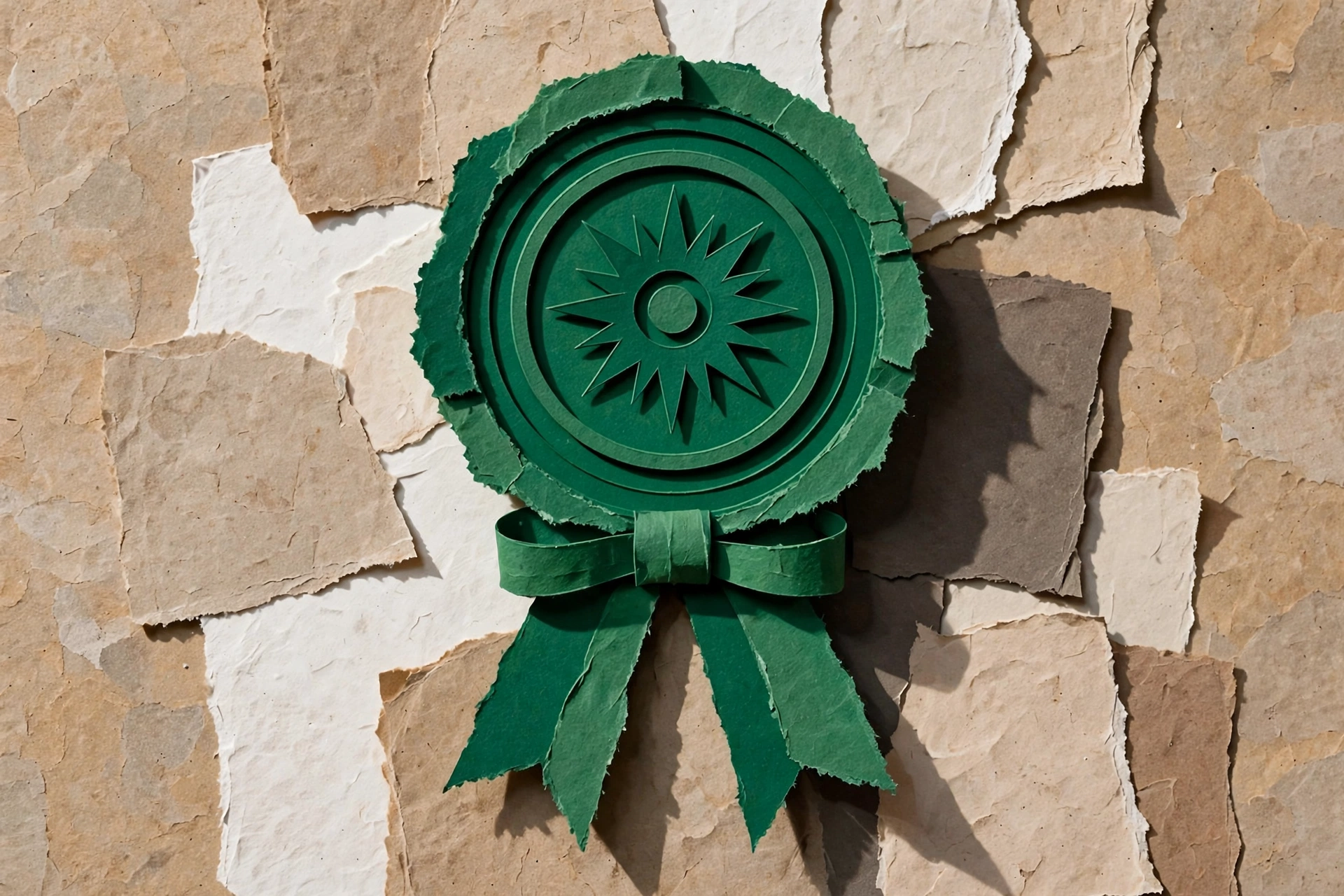 A paper craft seal with a starburst design and ribbon is attached to a background of torn paper scraps.
