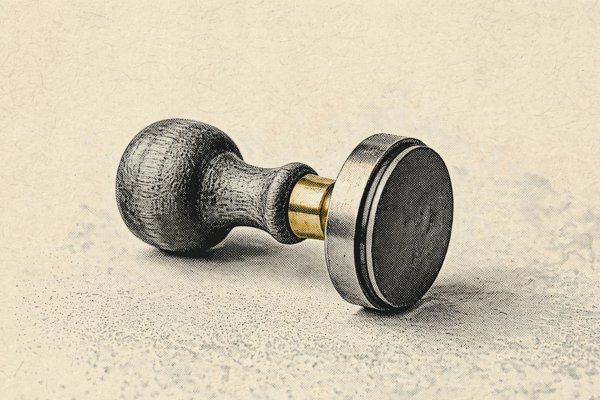 A print of a wooden-handled metal stamp with a gold band.