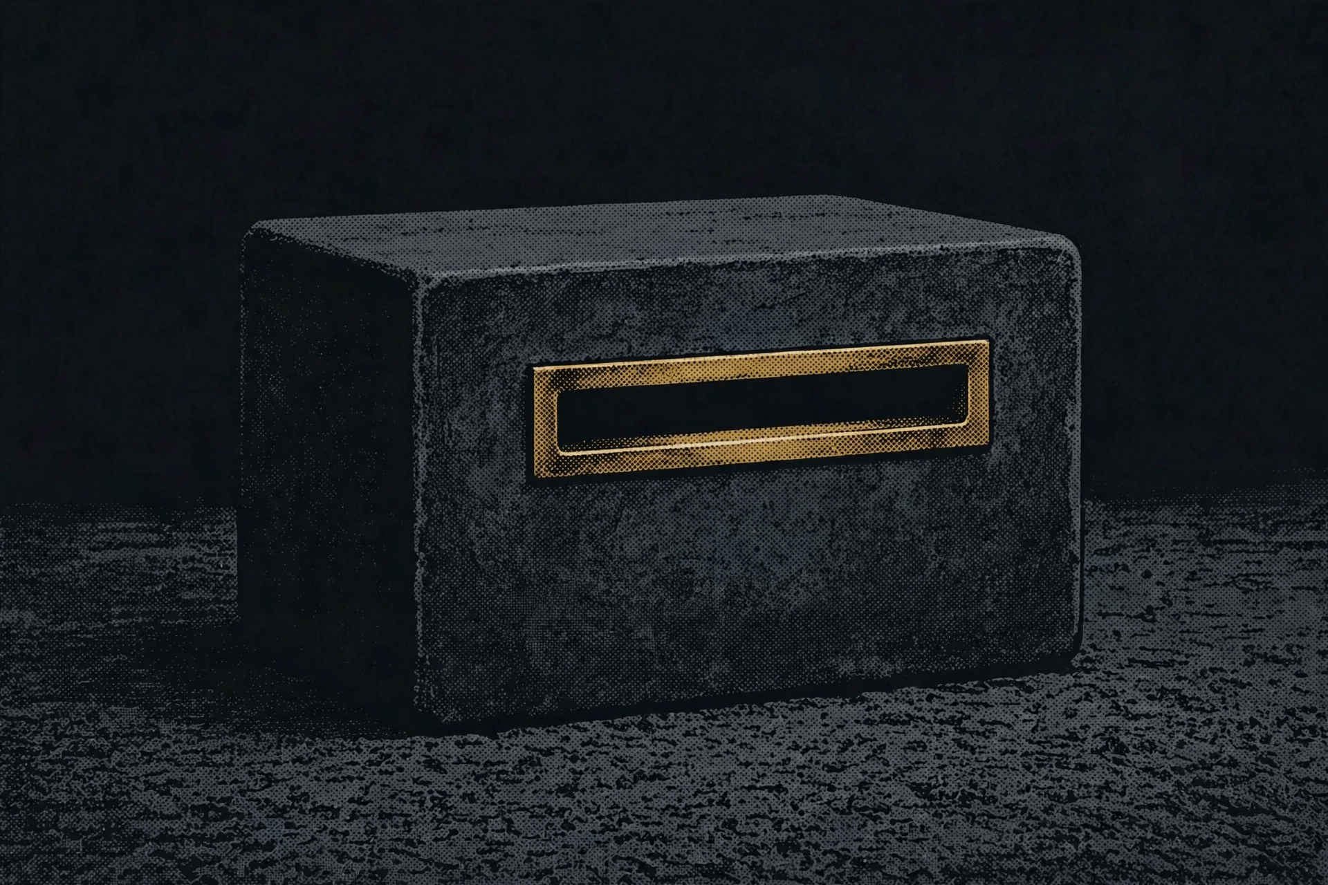 A photograph shows a dark, textured block with a gold rectangular opening on its front.