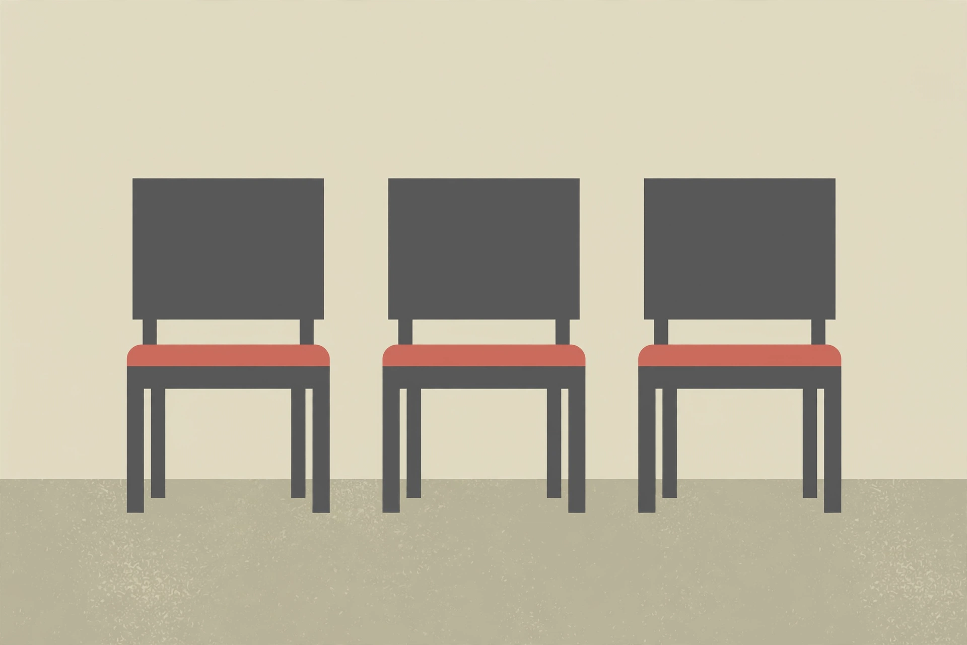 A flat graphic illustration of three identical chairs lined up side-by-side in front of a plain wall.