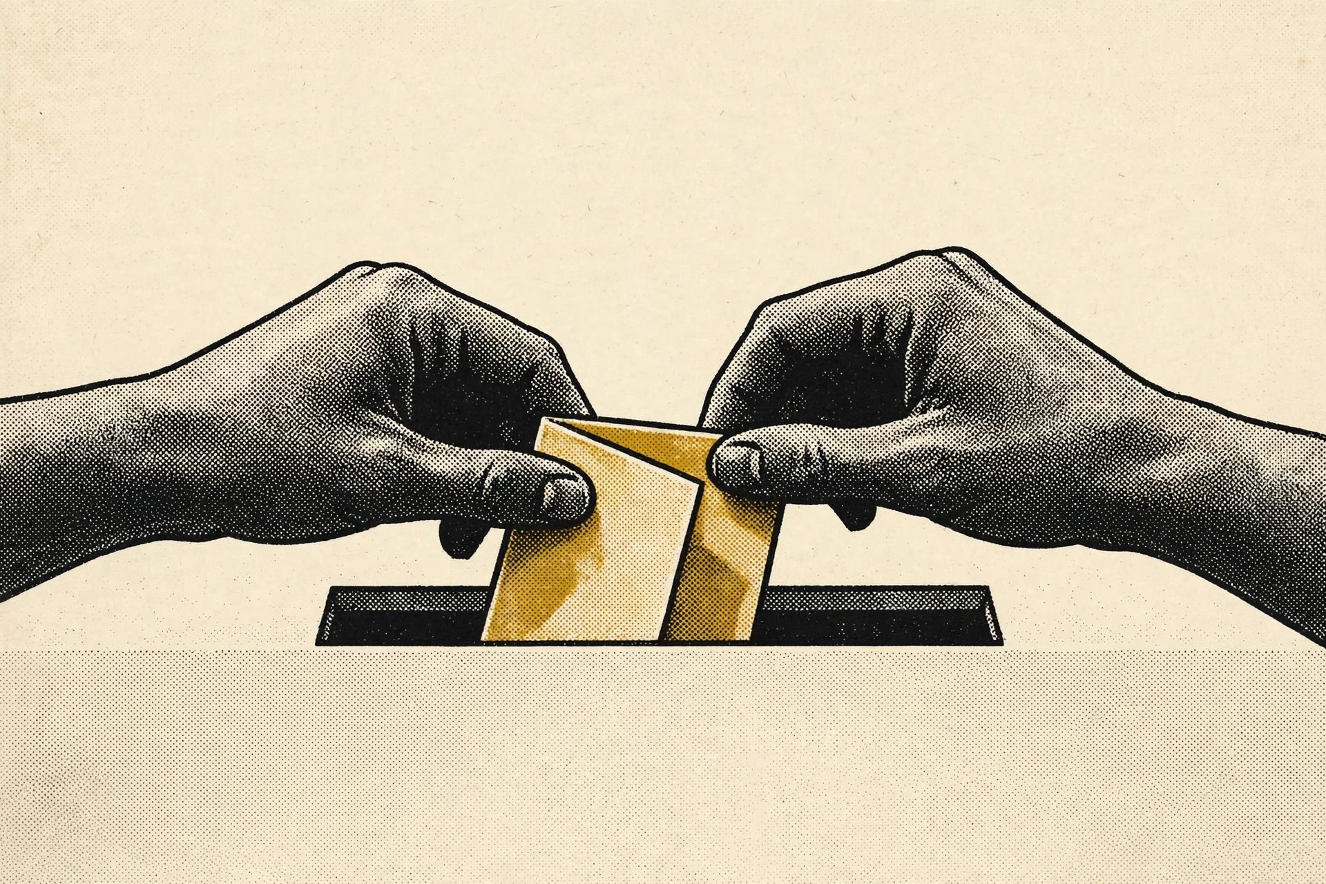A print shows two hands dropping a yellow envelope into a black slot.