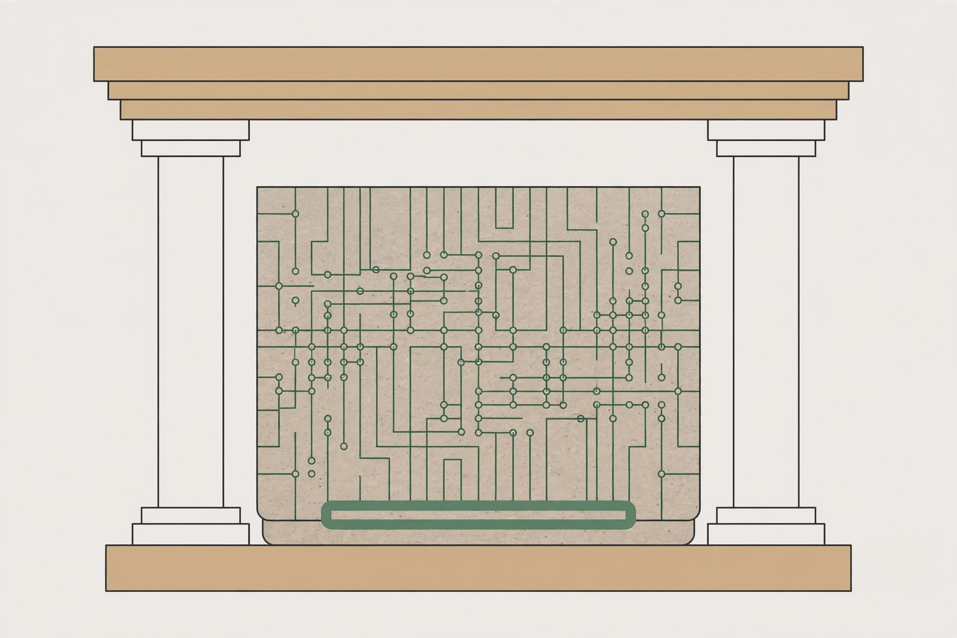 A drawing shows a stone slab with a circuit board pattern between two columns, topped by a pediment.