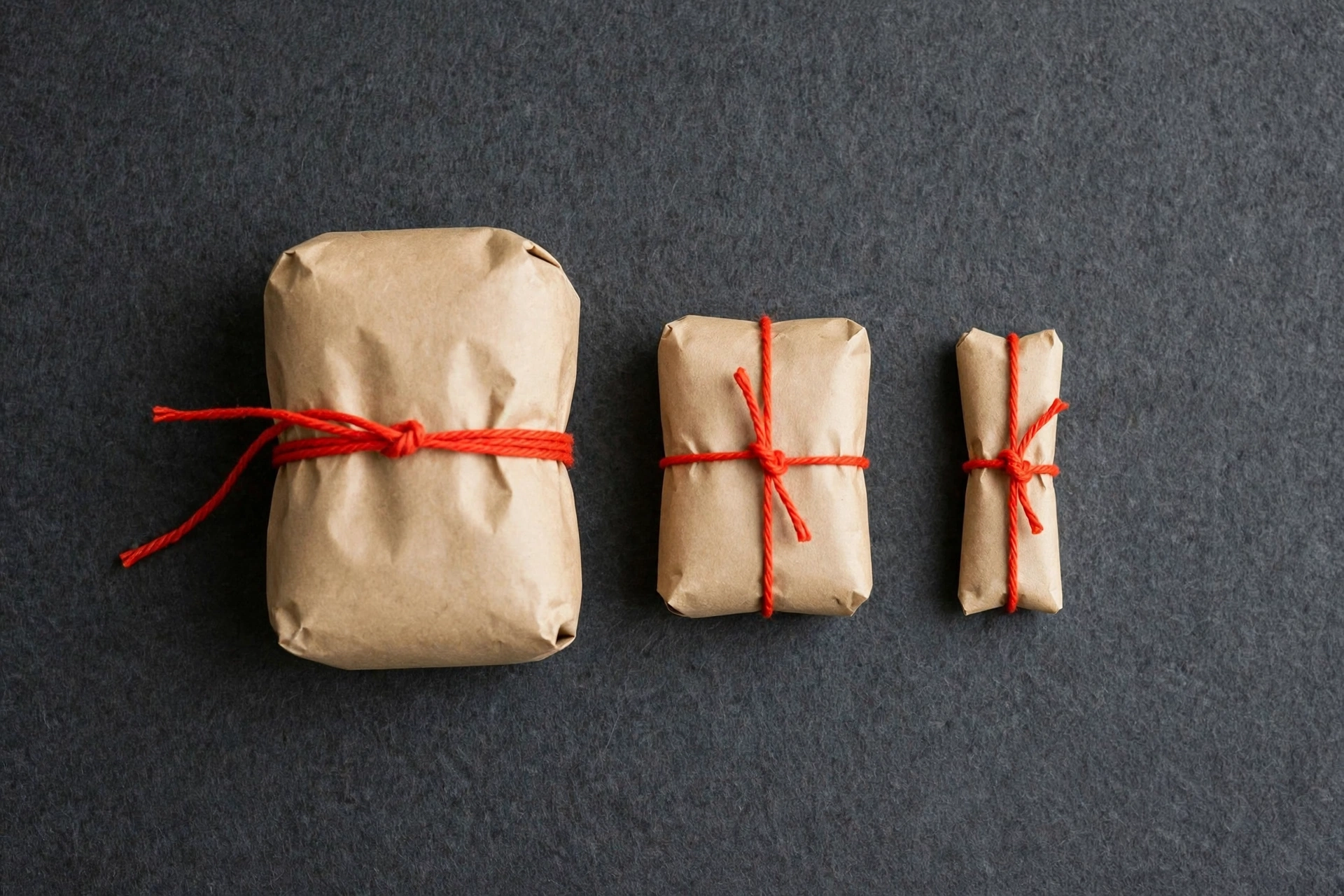 A photograph of three packages wrapped in brown paper tied with red string.