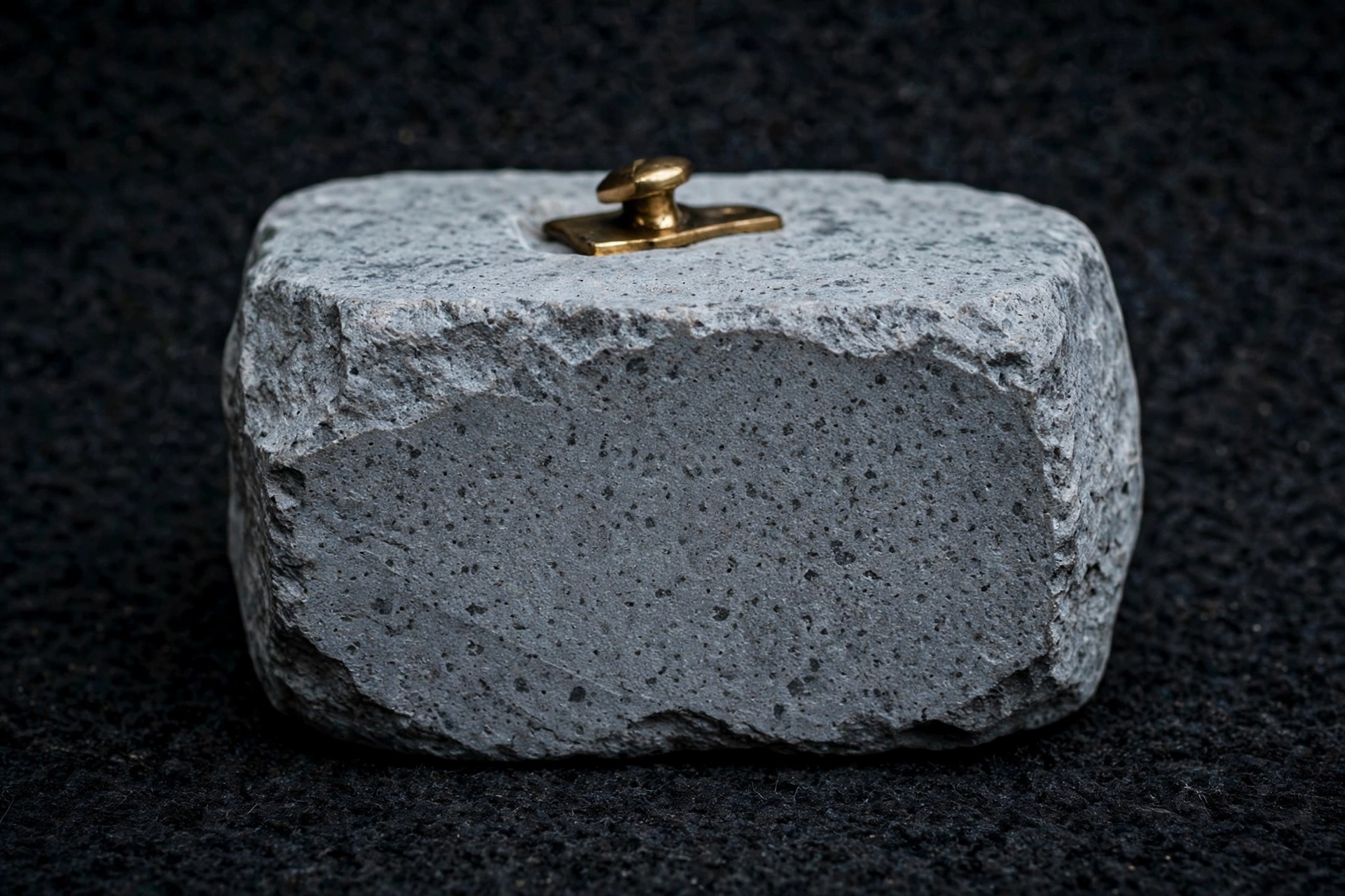 A photograph of a rough grey stone object with a brass knob on top.