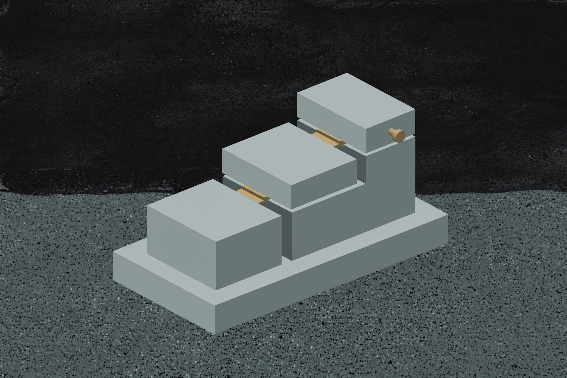 A drawing of stacked grey blocks on a grey speckled surface in front of a dark, textured background.