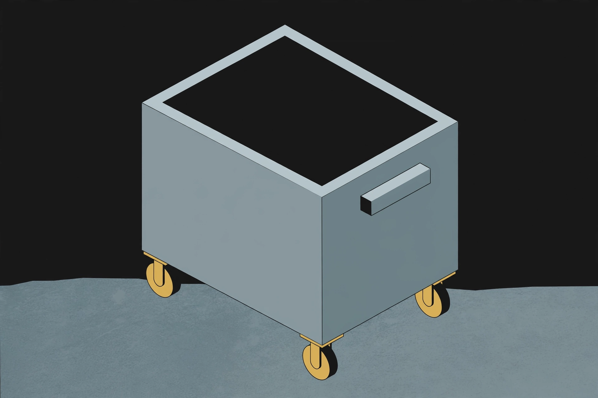 A drawing of a grey rolling bin with gold wheels against a dark background.