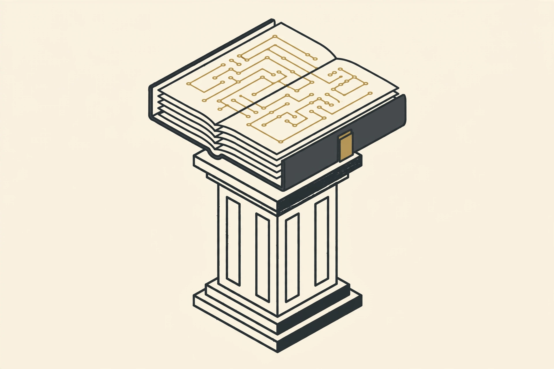 A drawing of an open book with a circuit board pattern on its pages sits on a pedestal.