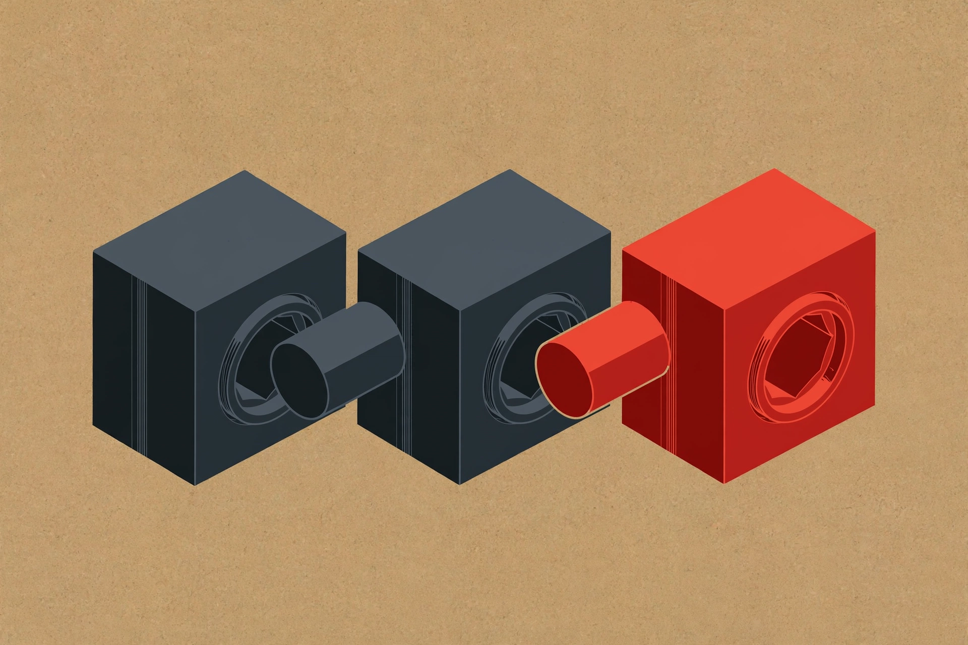 A digital illustration shows three isometric blocks on a brown textured background.